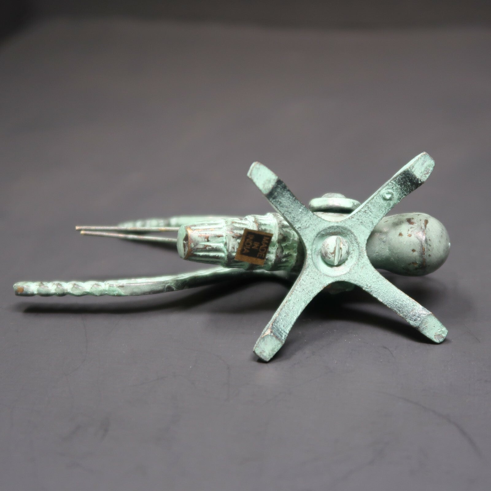 Vintage Metal Grasshopper Green Patina L 4"