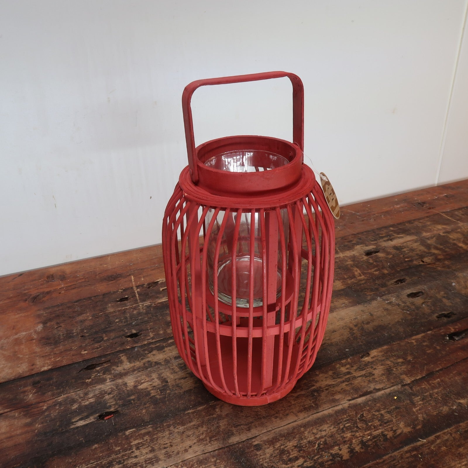 Red Bamboo Candle Lantern With Handle 7.5" x 7.5" x H 11.5"