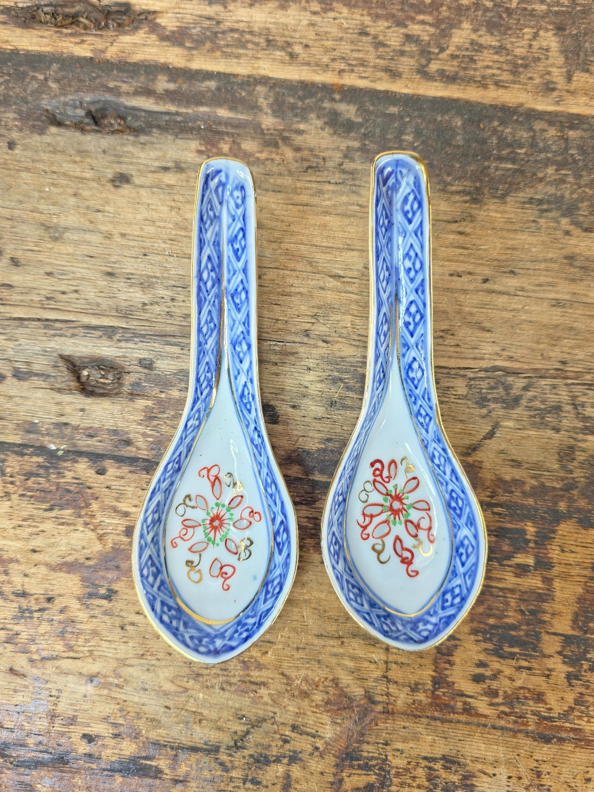 Vintage Chinese Porcelain Spoons Pair Blue White Red Gold, 5.5"
