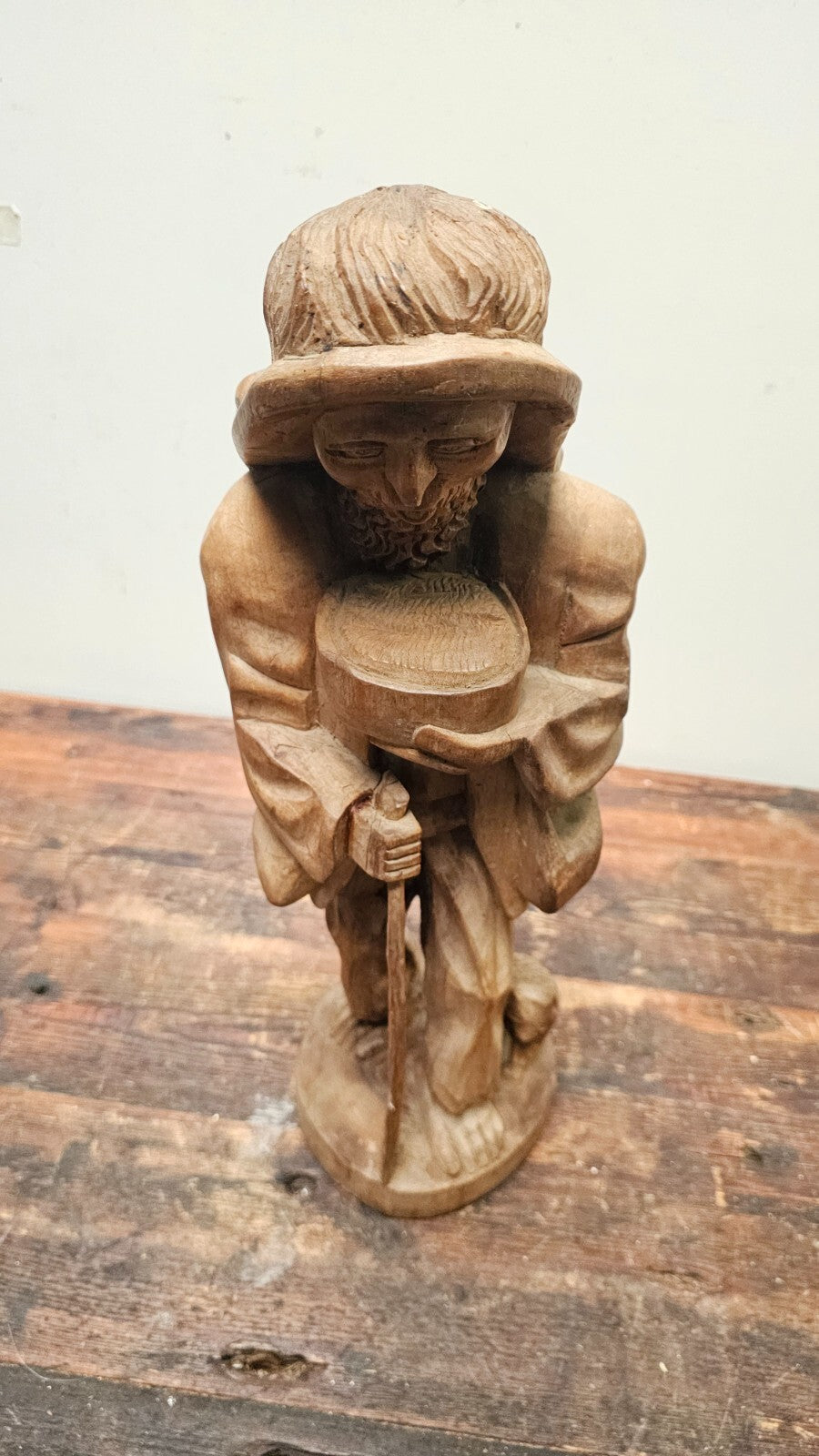 Vintage Hand Carved Solid Wood Figure Traveler With Cat Statue Vagabond 20" Tall