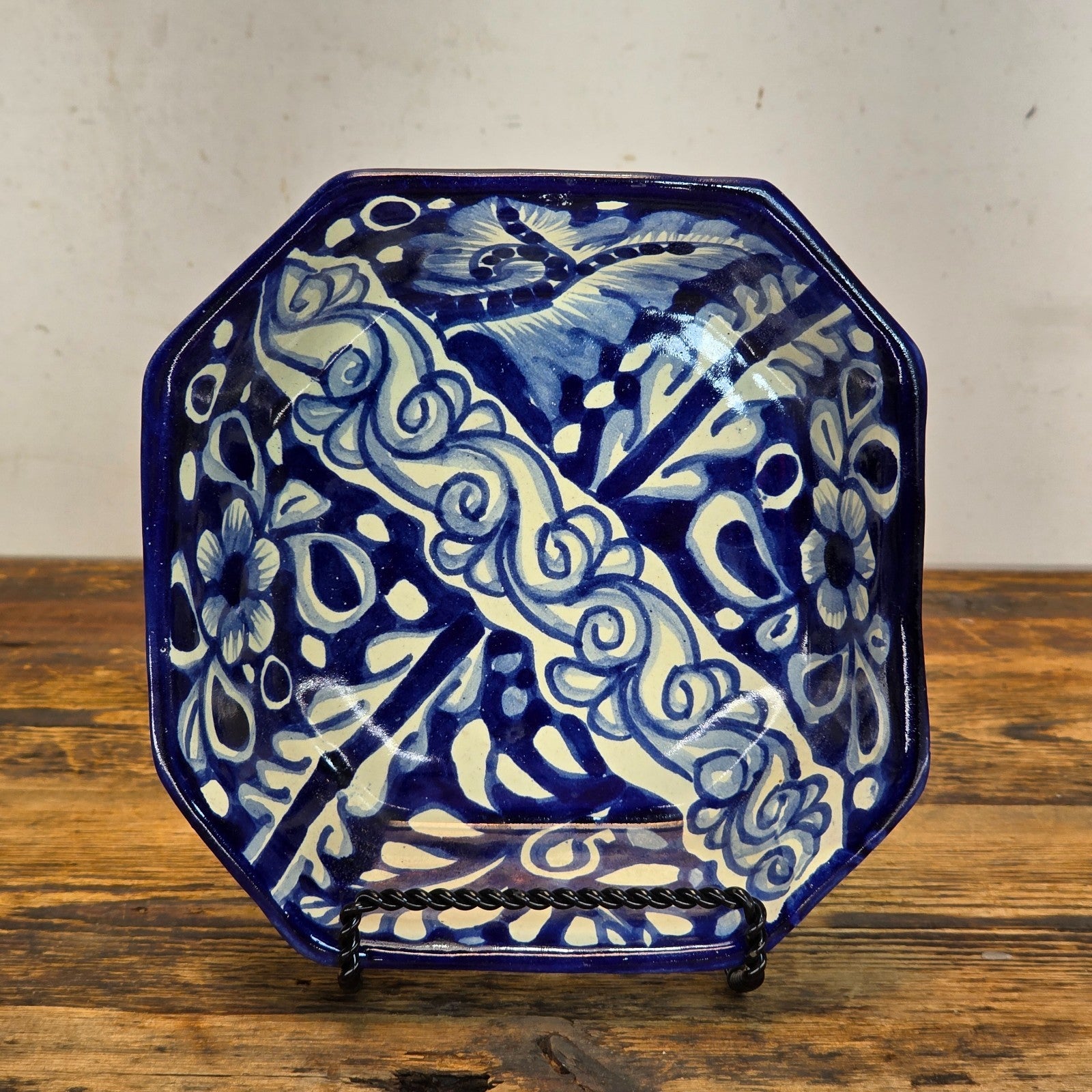 Talavera Pottery Bowl - Blue & White Octagonal Dish Signed R. VENEGAS