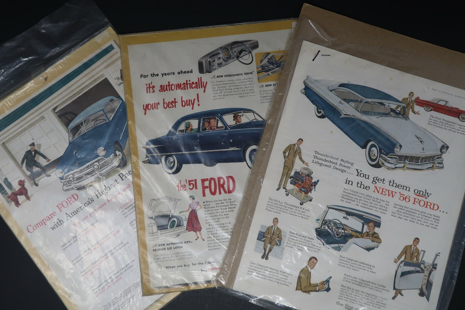 3 Sheets of 1950's Ford Original Print Advertisements