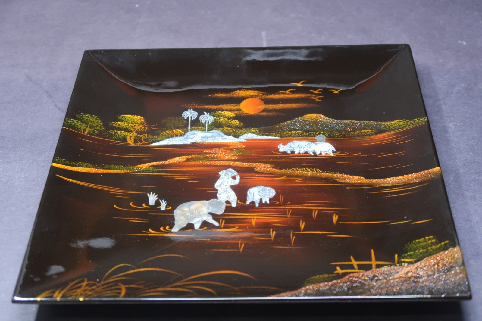 Set of 2 Vietnamese Lacquerware Platter Mother of Pearl Inlay Rural Scene 9.5"