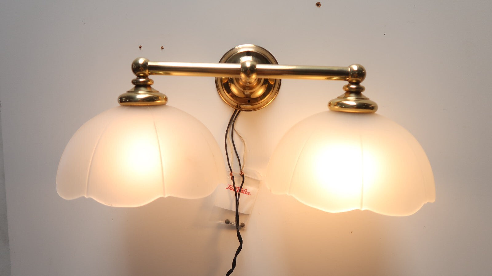 2 Light Brass Light Fixture With Frosted White Glass Lamp Shades Made In Spain