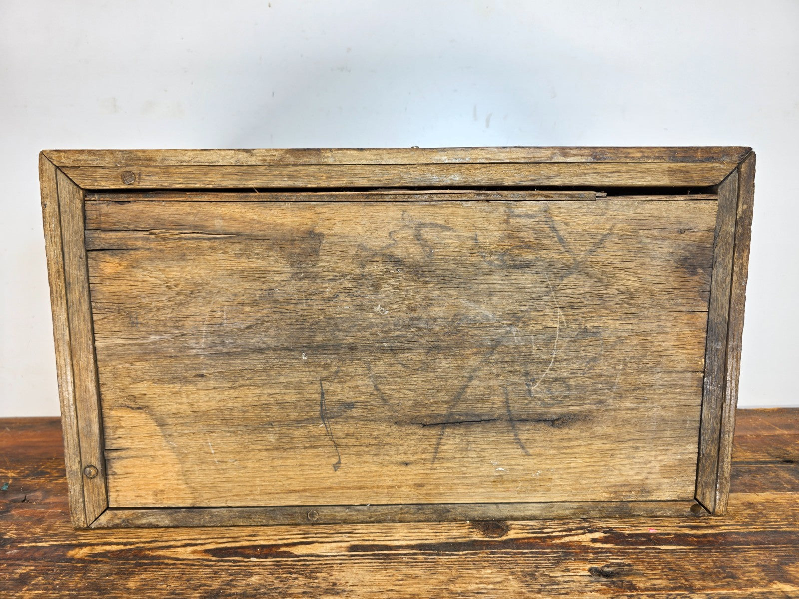 Antique Oak Wooden Tool Box with Brass Hardware & Tray (1920s–40s)