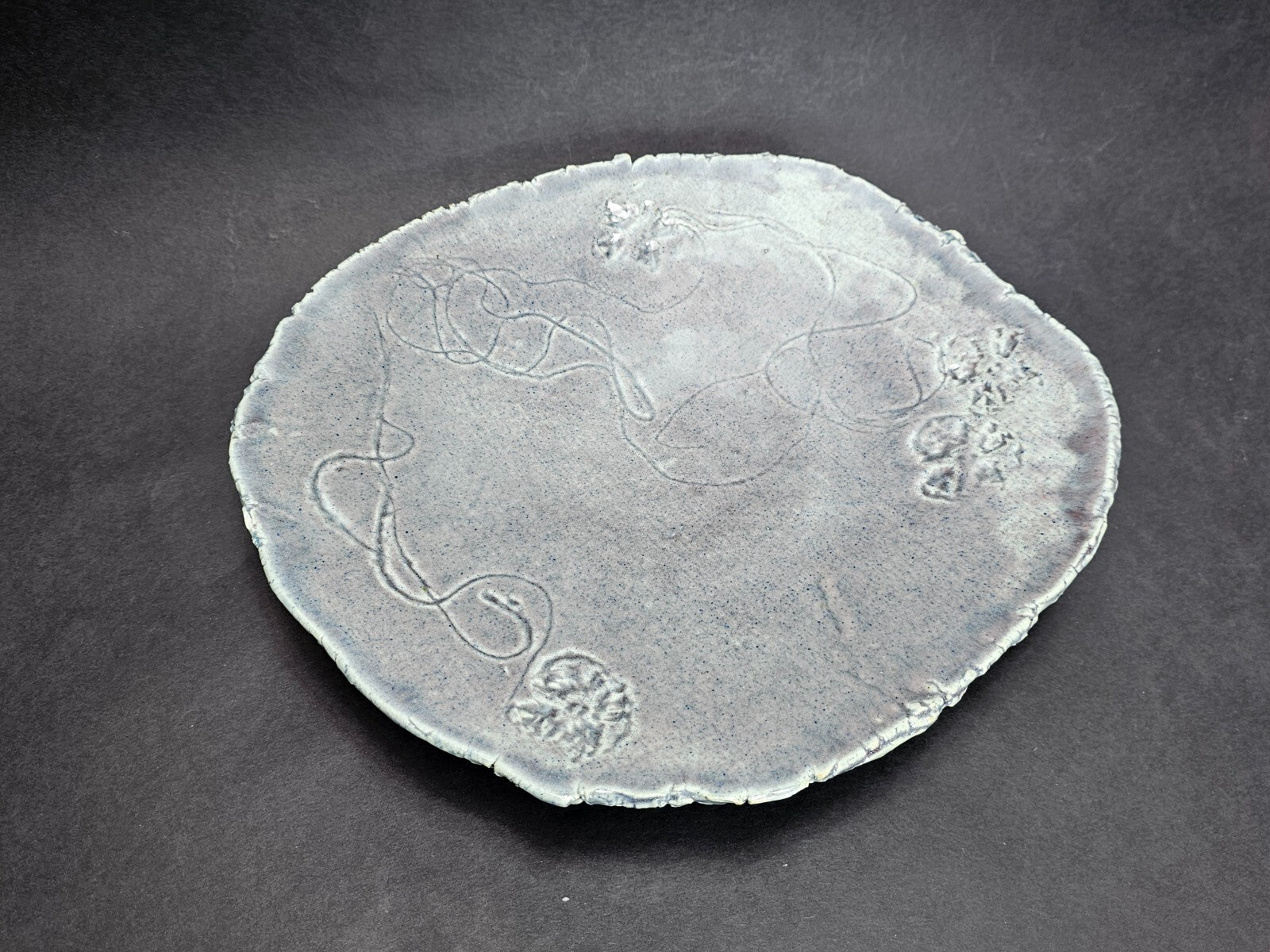 Vintage Studio Art Pottery Japanese Style Gray Plate Floral Design 12.5" x 13.5"