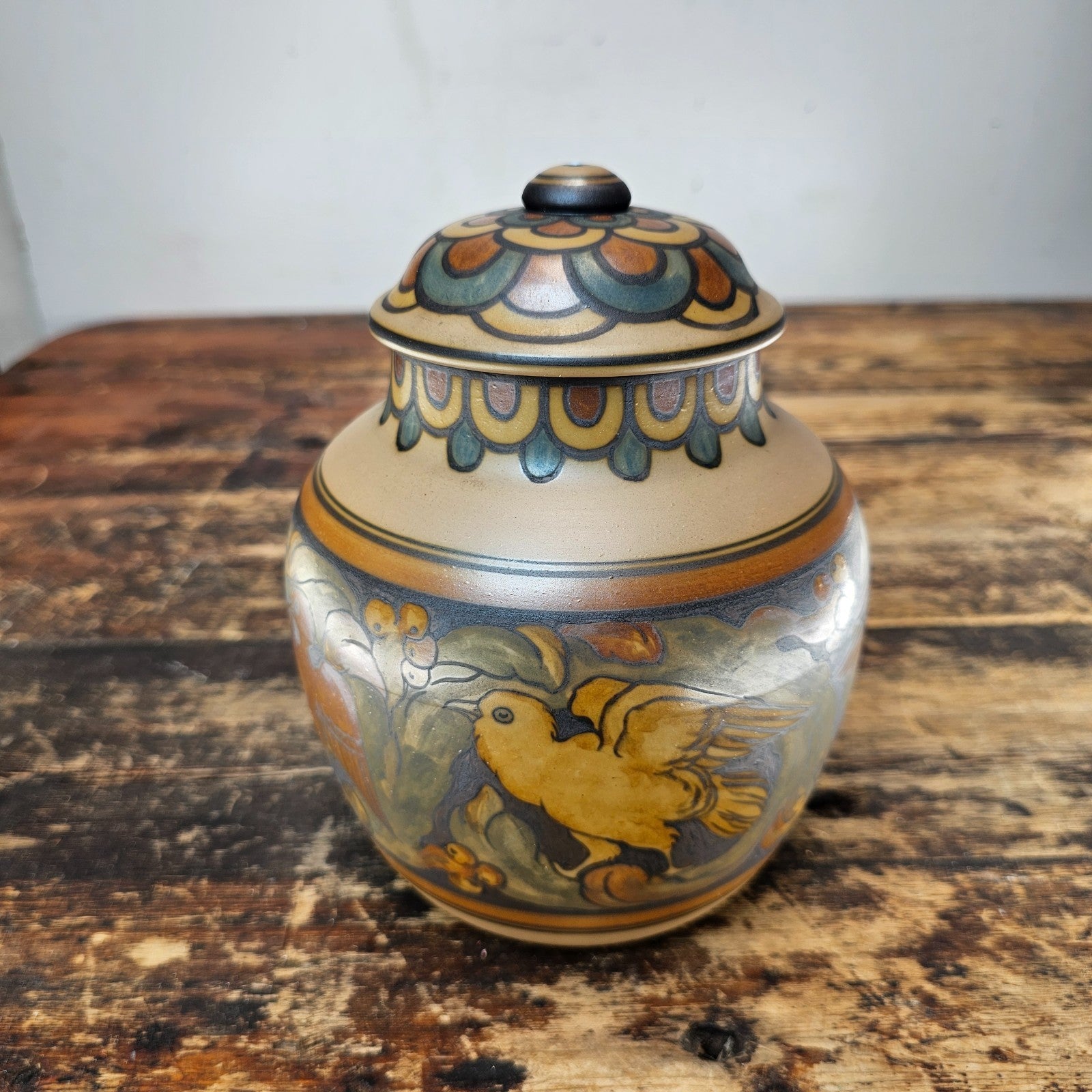 L. Hjorth Danish Art Deco Lidded Jar with Bird Motif, c. 1930s