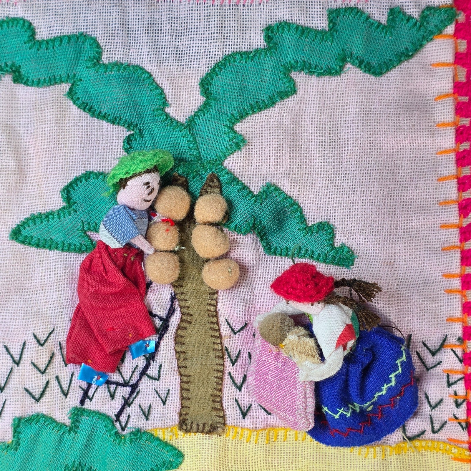 Vintage Peruvian Arpillera Wall Embroidery Textile Art “Cosecha de …” 19"x17"