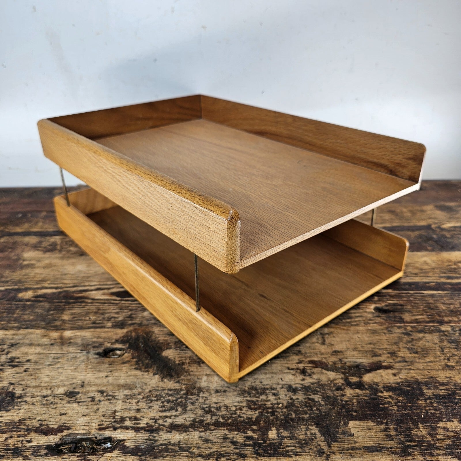 Carver Wood Products Solid Oak 2-Tier Desk Tray Set Mid-Century Modern