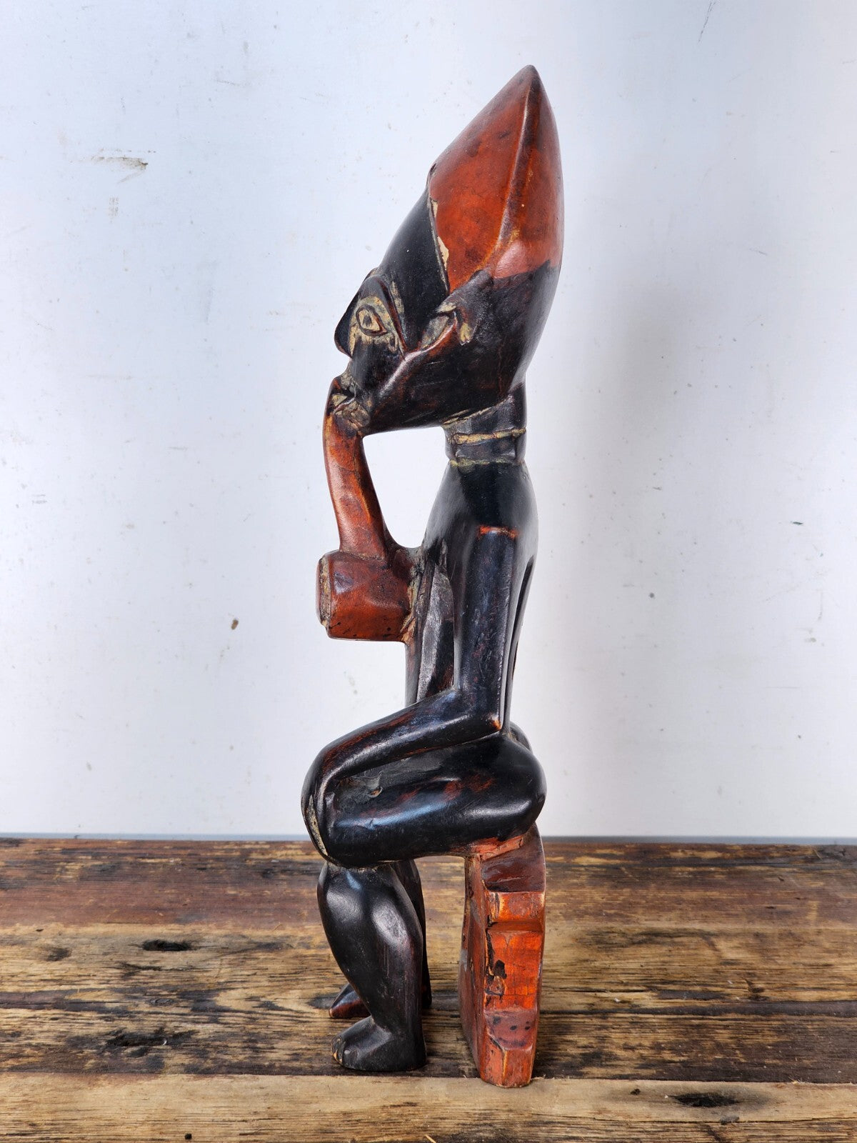 Ghana Ashanti Traditional Wooden Smoking Man Sculpture 13"H x 4.5"W x 3"D