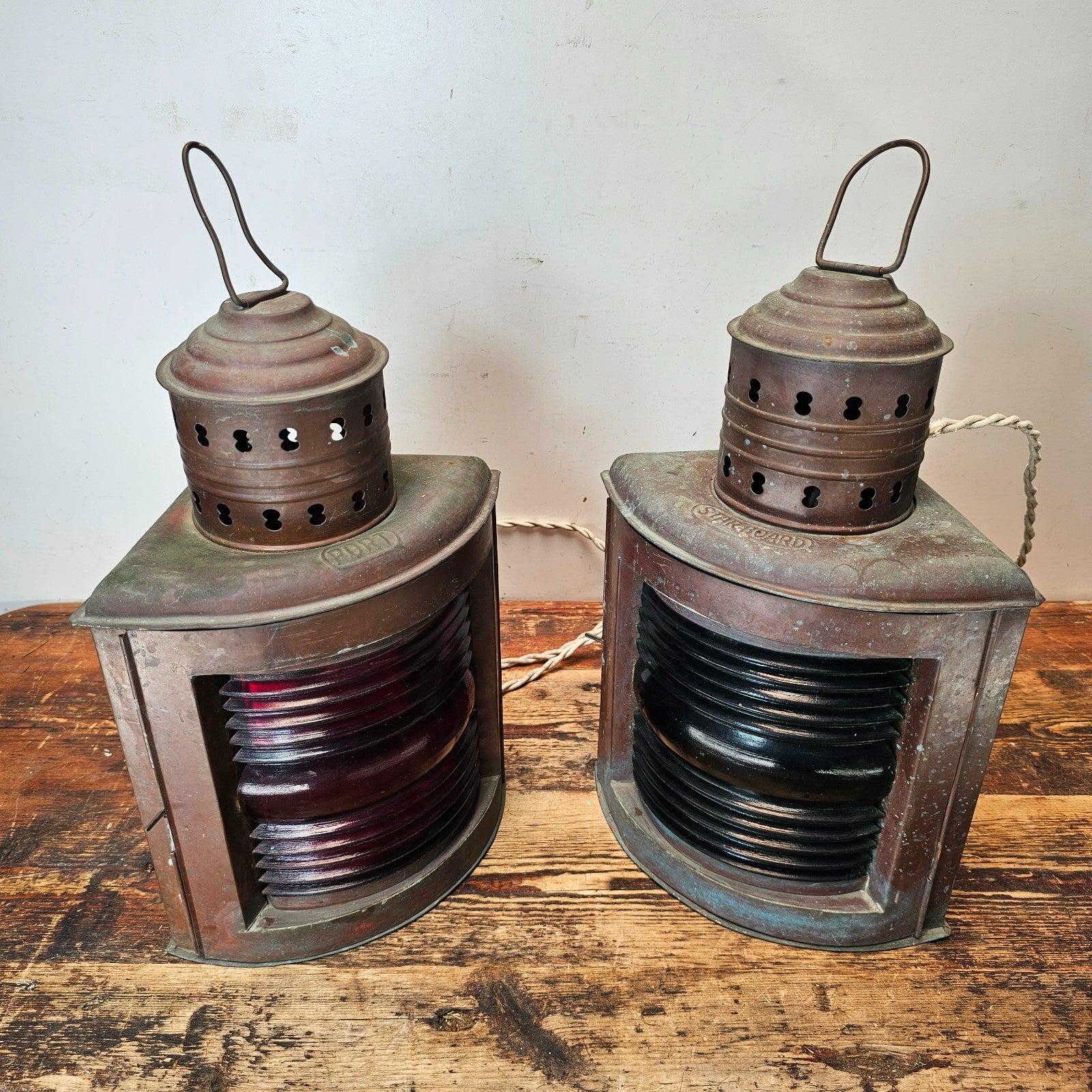 Authentic Vintage USA Copper Marine Lamps - Set of 2 Red/Green Ship Lights