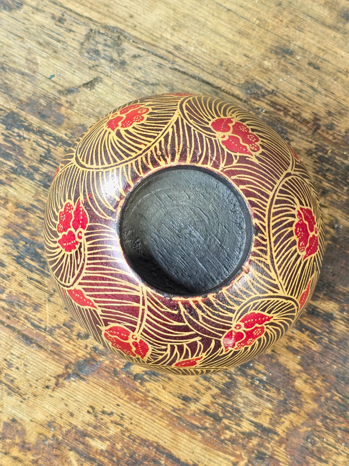 Wooden Votive Candle Holder – Red & Flesh-Tone Floral Design Asian / Boho Decor