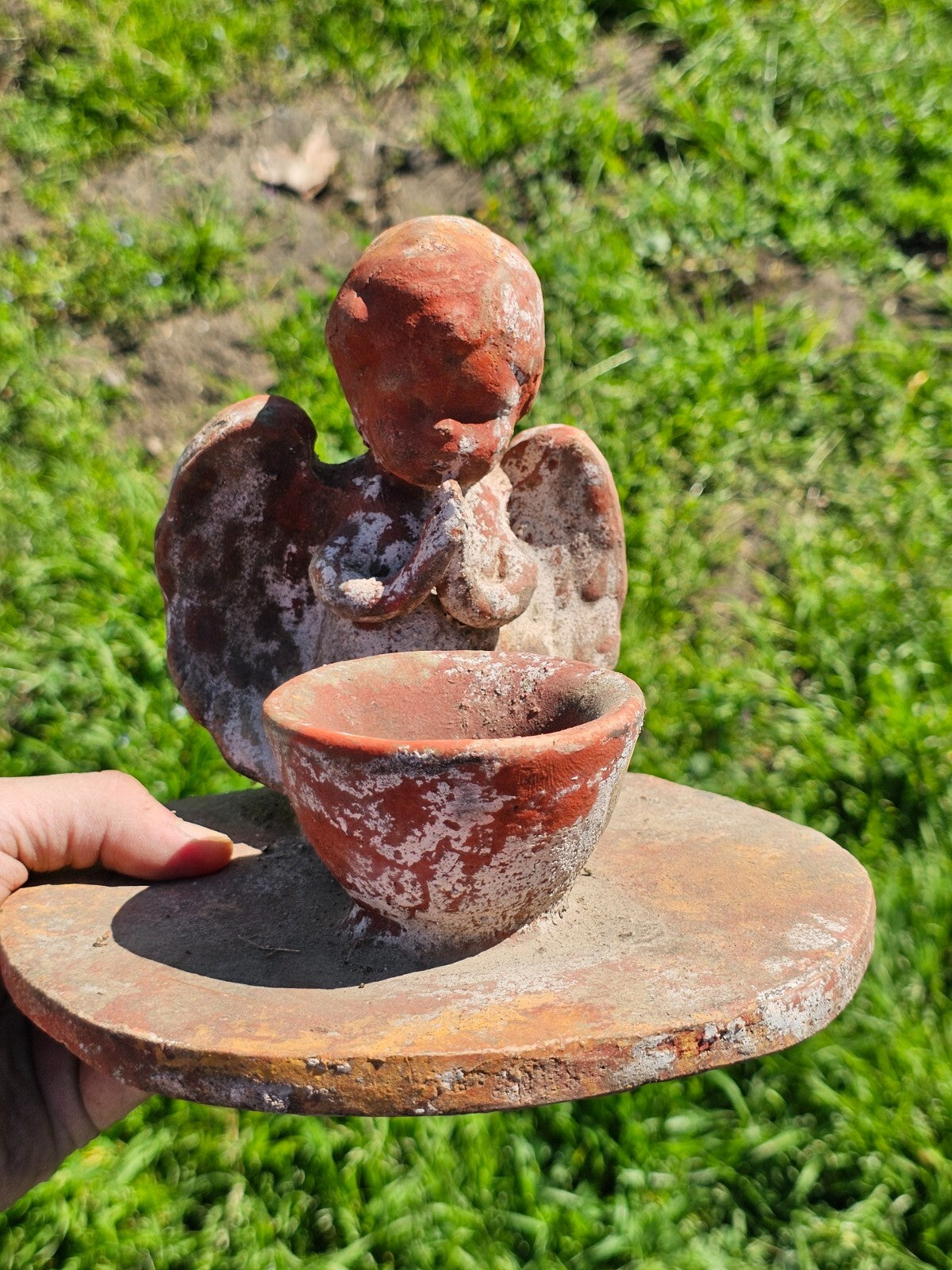 Clay Cherub Angel Candle Holder Copal Burning Bowl 7.5"Diam x 6.5"H