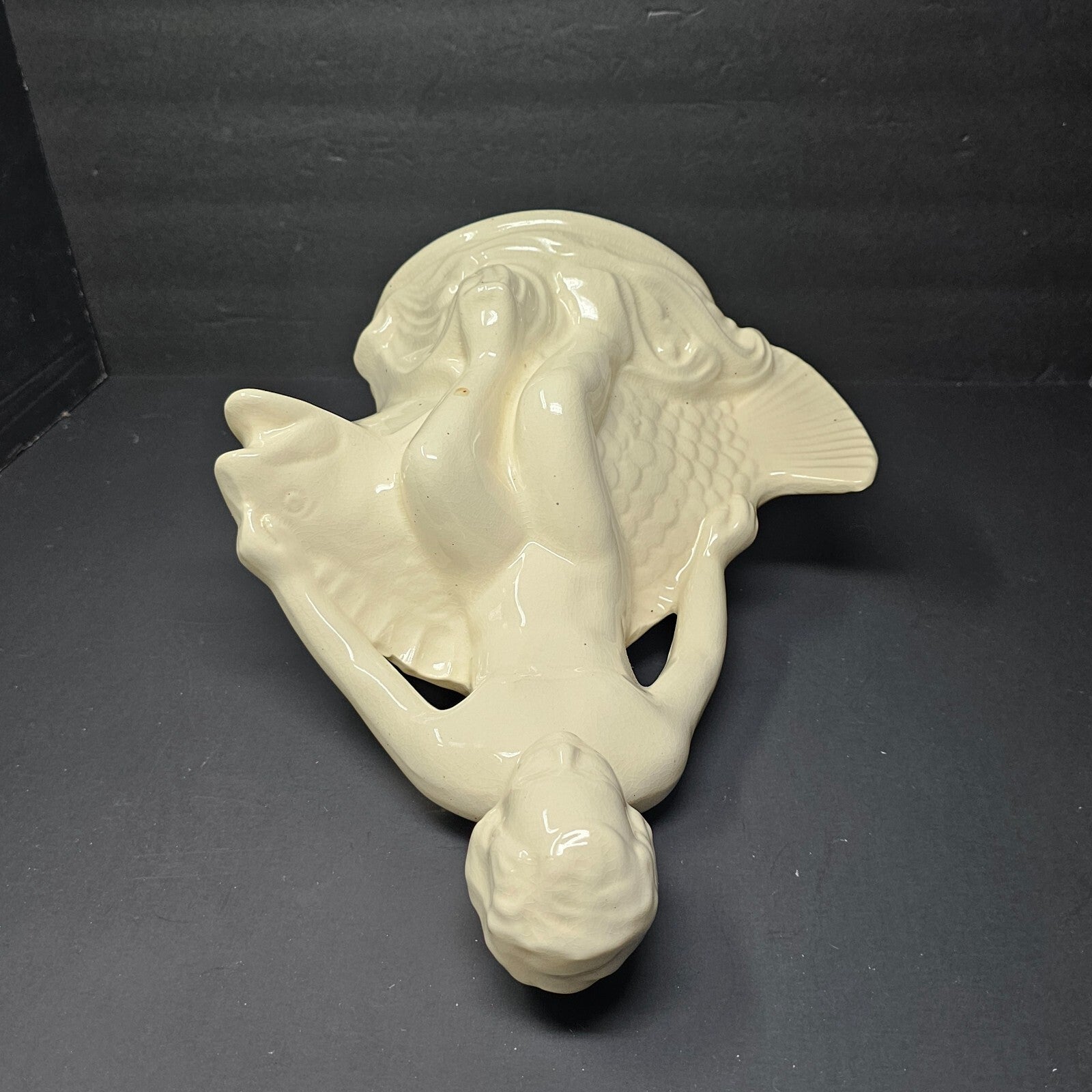 Pottery Statue By Robinson Ransbottom Boy Seated on Fish Bird Bath Insert 12.5"