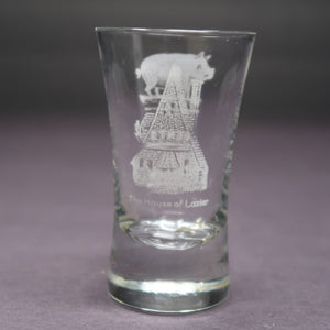 " Pig Gents Ladies " & " The House of Lazier " Etched Shot Glass H 3.3"