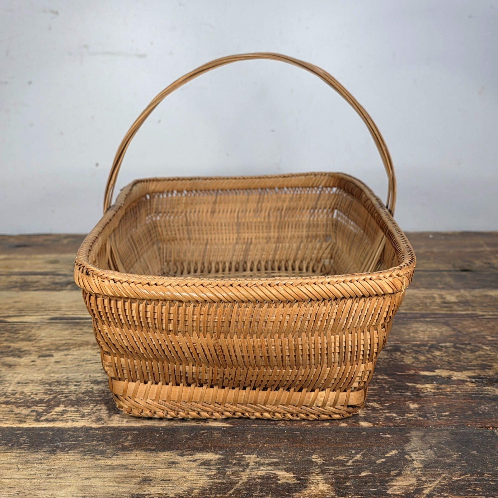 Vintage Handwoven Rectangular Wicker Basket with Handle 14.25"L × 9.5"W