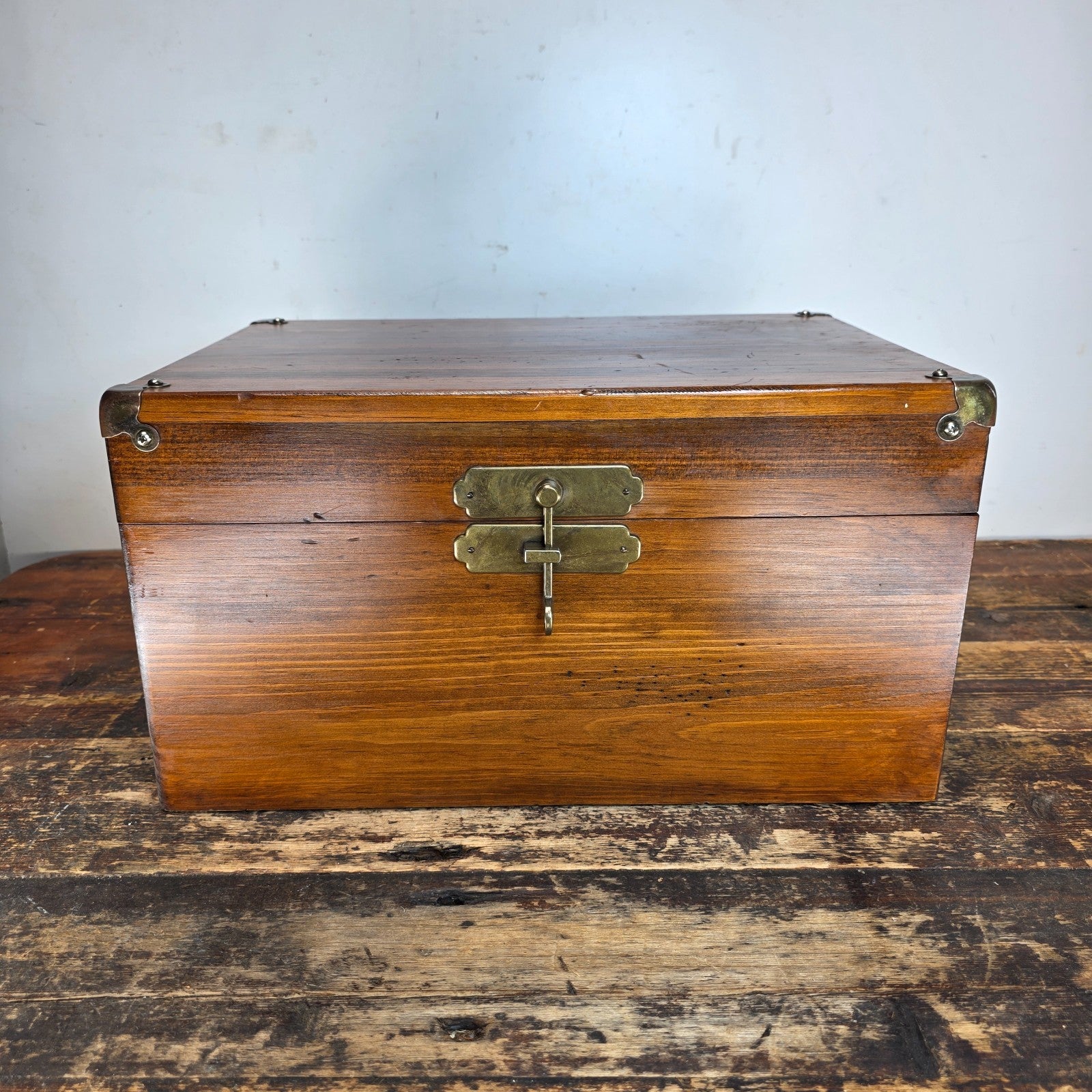 Vintage Wooden Storage Trunk with Korean-Style Brass Hardware