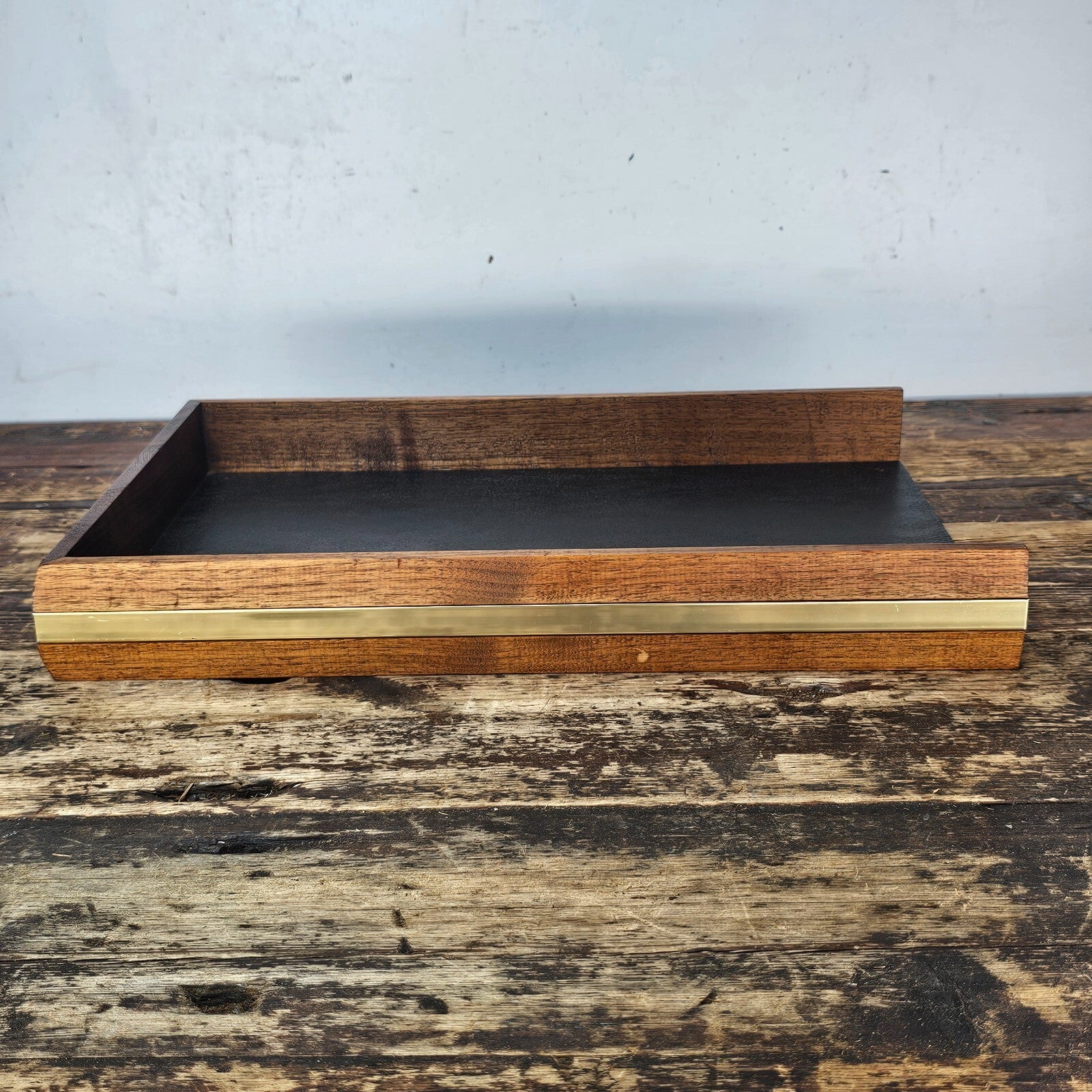 Executive Wood Desk Tray w/ Gold Metal Rim & Black Leather Style Interior