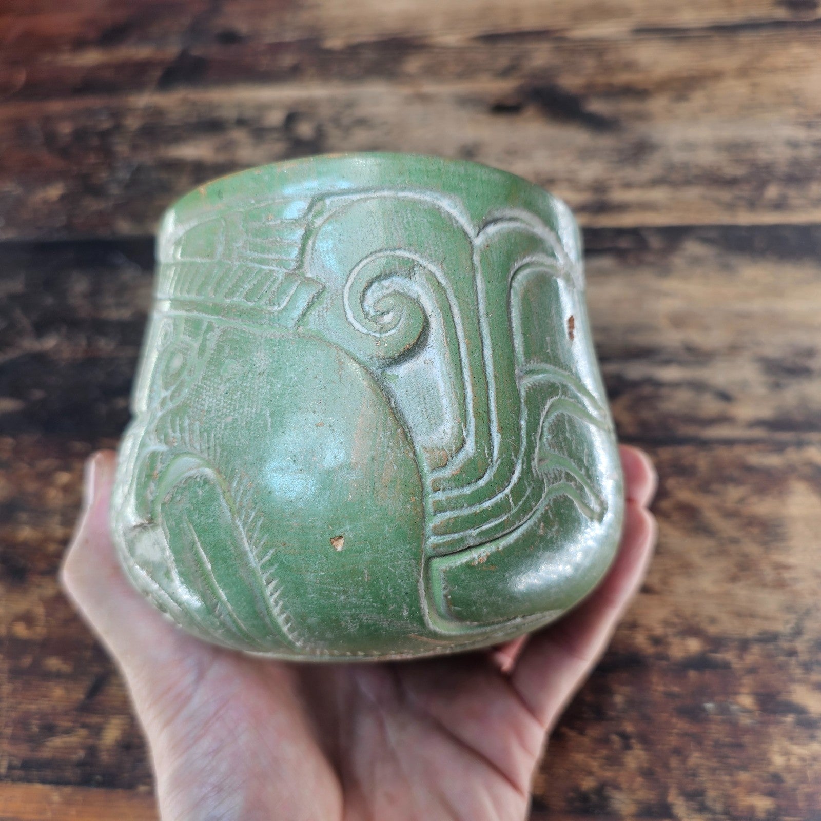 Mayan-Style Carved Jade-Green Vase (Modern Reproduction)