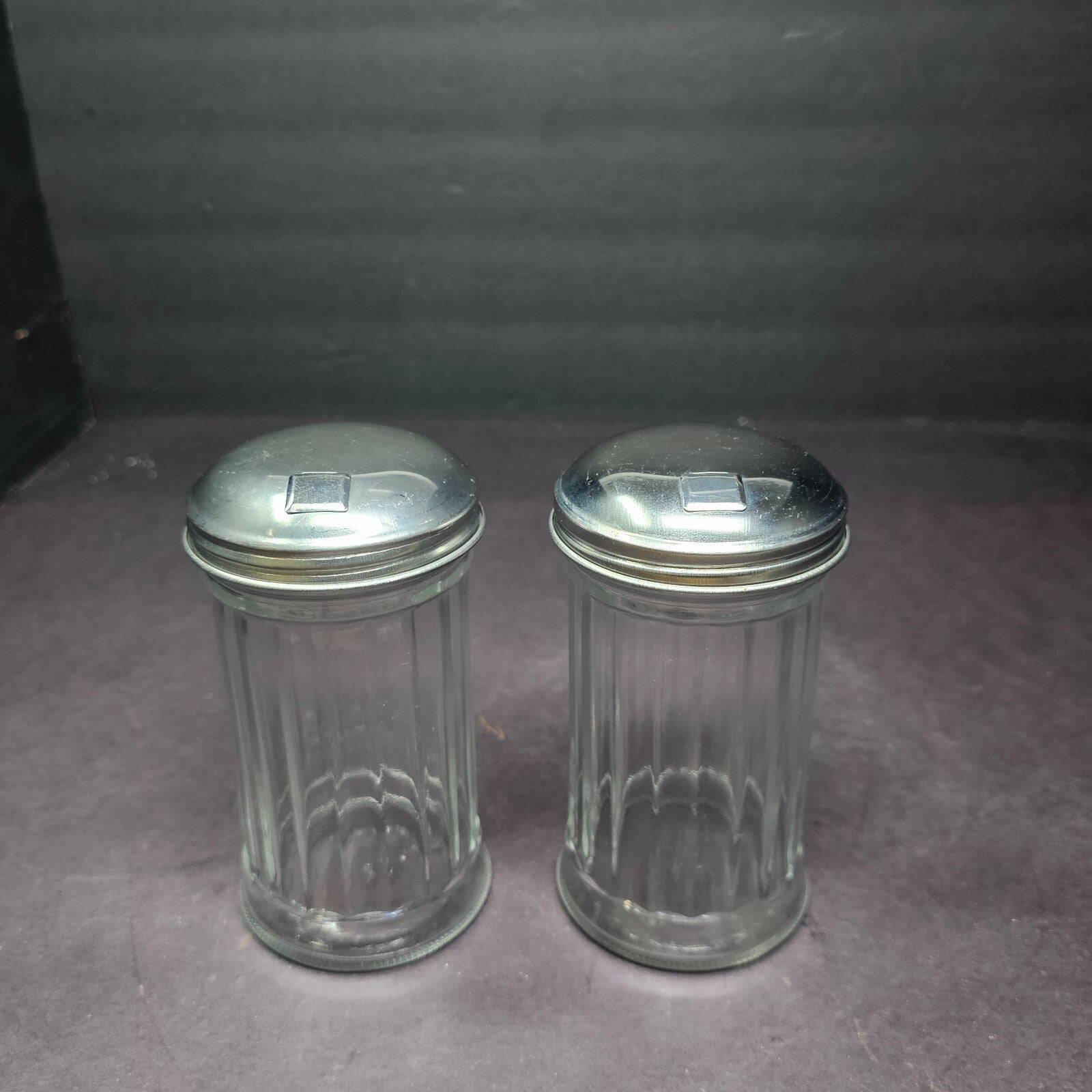 Set of 2 Side Flap Top Sugar Dispenser Glass Jar Vintage 3" D x 5.5" H