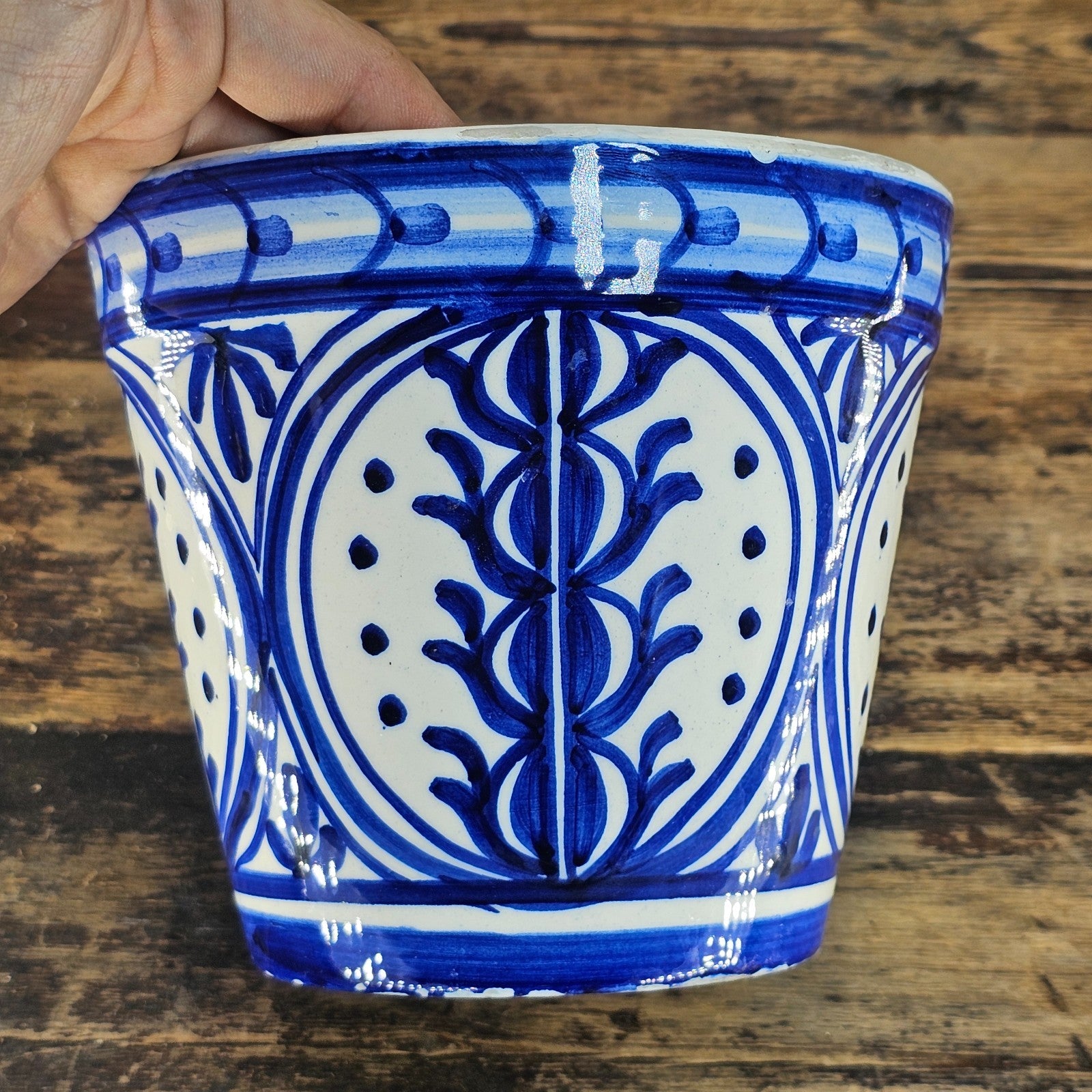 Vintage Spanish Talavera Pottery Planter | Blue & White Hand-Painted