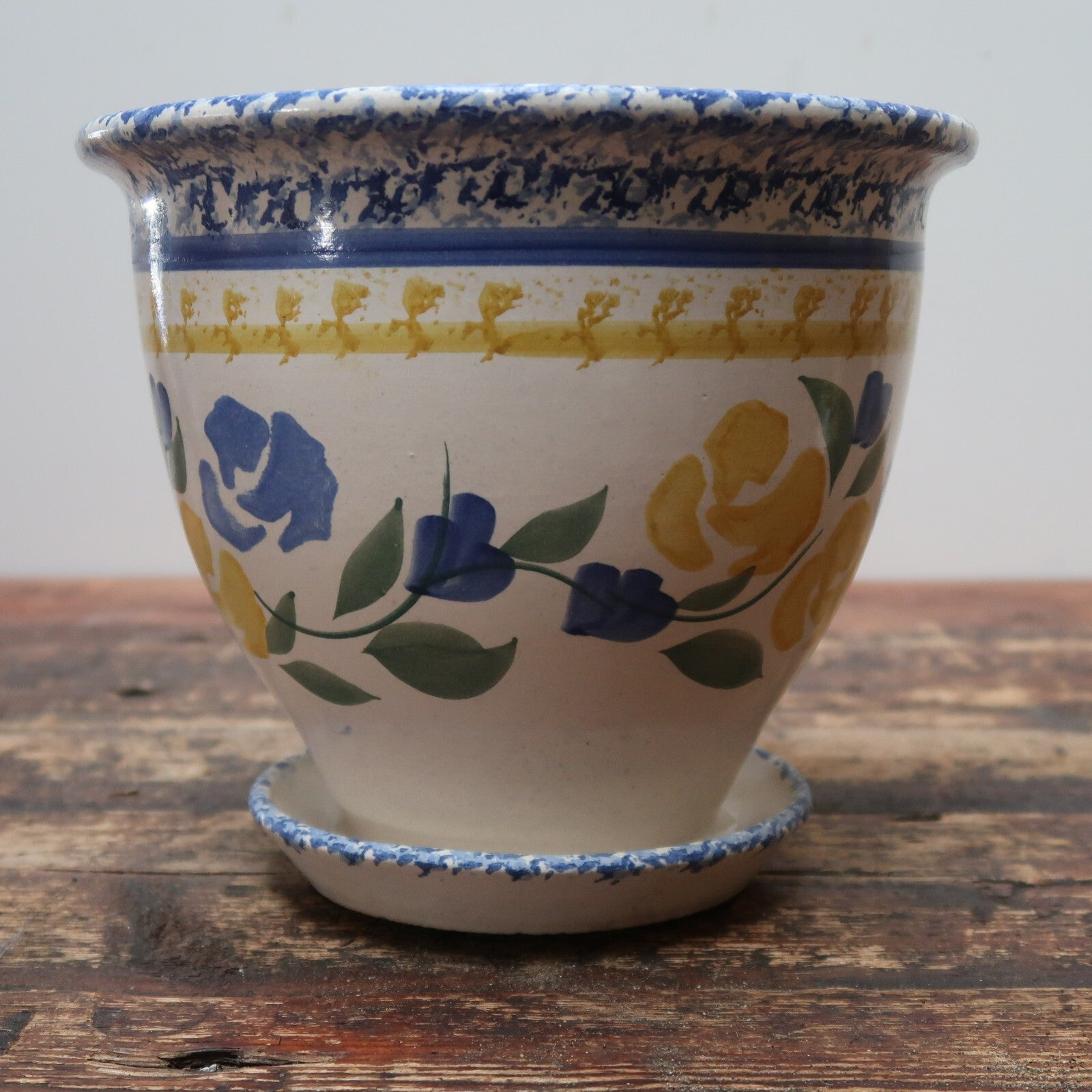 Porcelain Pot Attached Saucer Blue Yellow White Floral 9" x 9" x H 8"