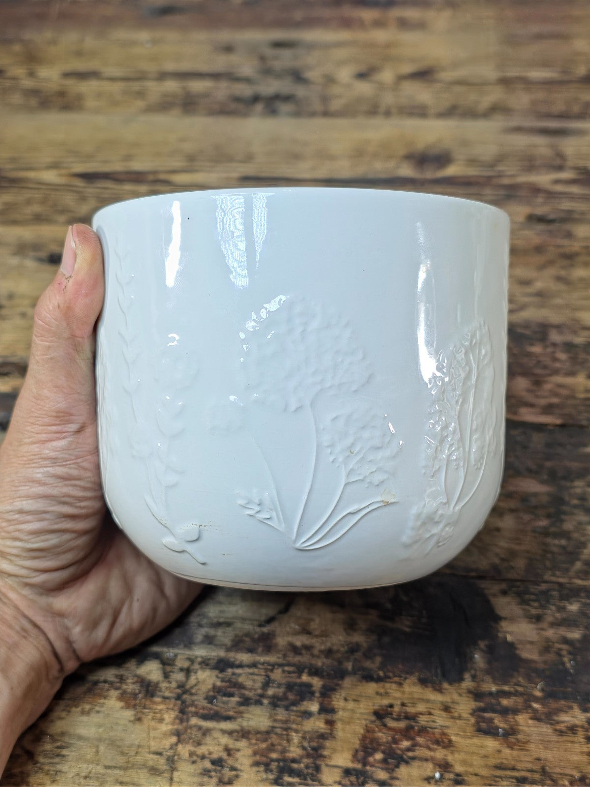 Modern White Ceramic Planter with Embossed Floral Pattern — Small, Made in USA
