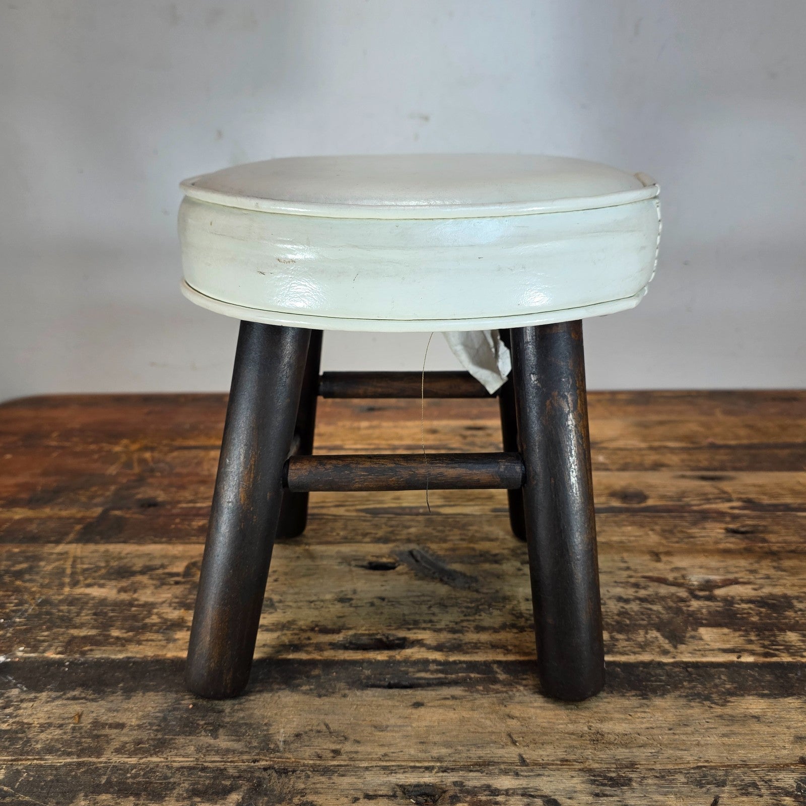 Vintage Wooden Stool with White Cushion (Continental Seat, Inc.) 10"Dia x 10.5"H