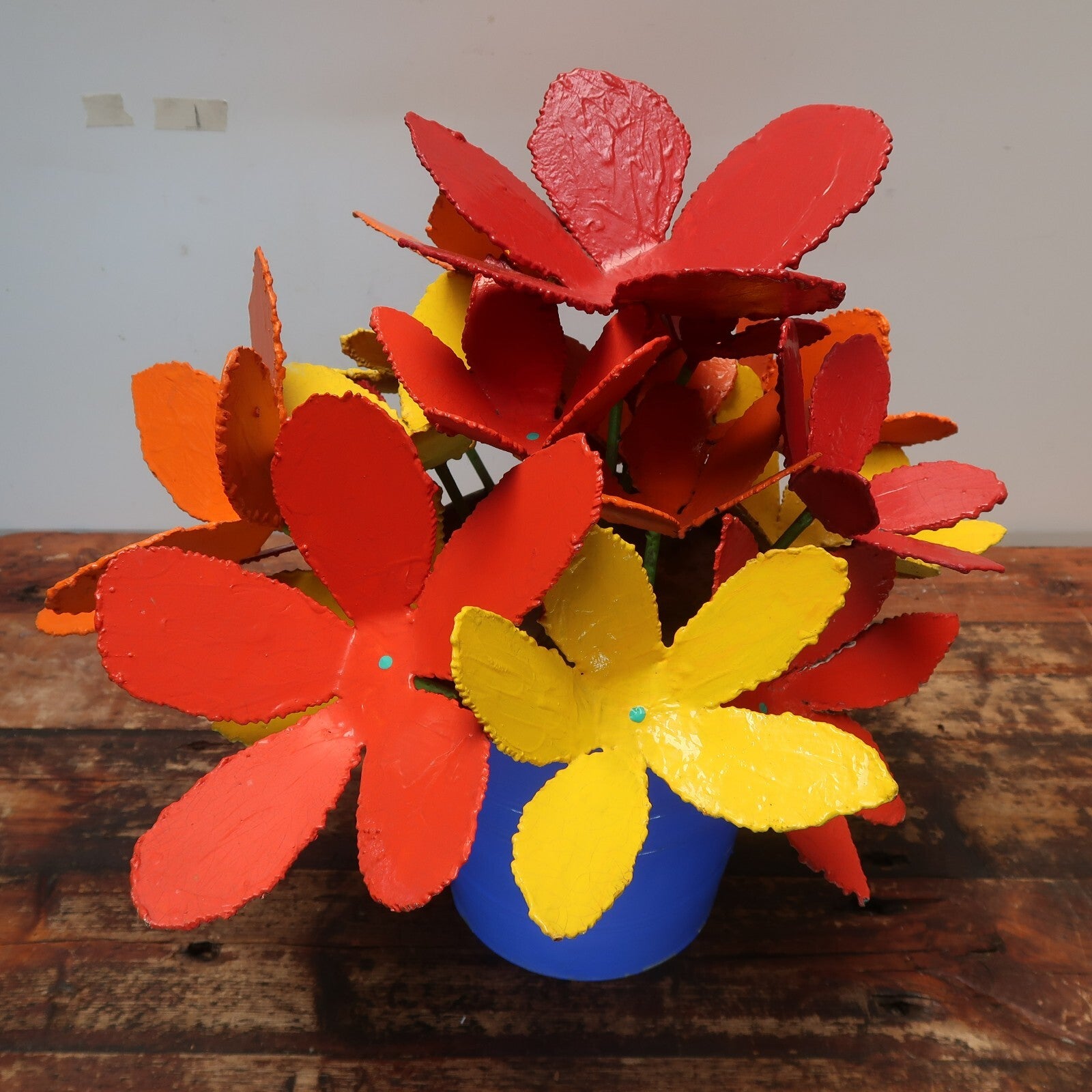 Colorful Iron Flowers In Blue Metal Bucket Garden Yard Sculpture Signed