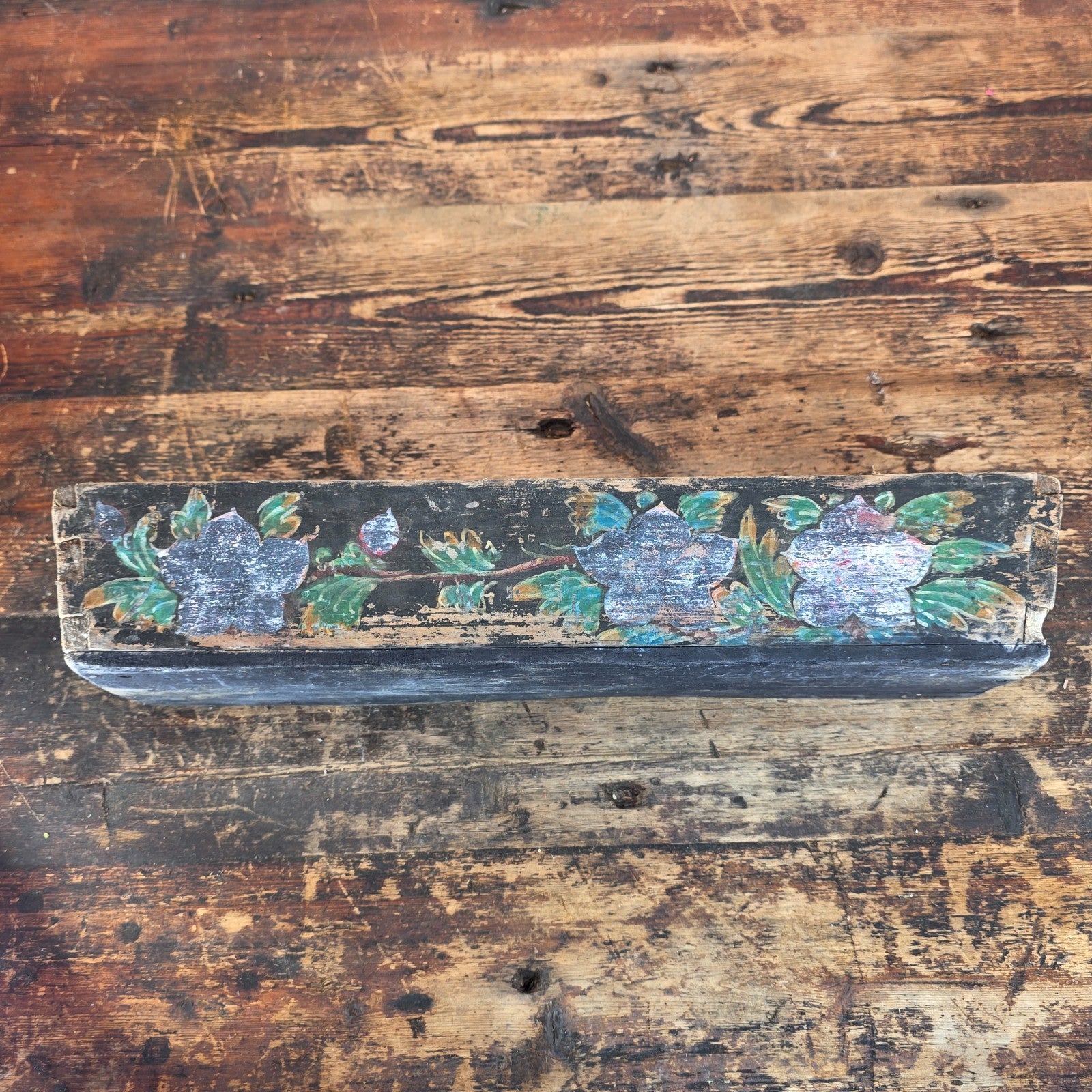 Antique Folk Art Hand-Painted Wooden Box (Floral Motif / Early 1900s) 18"L × 5"W