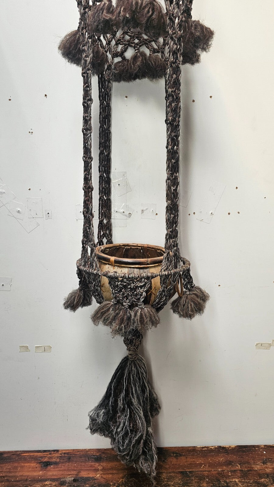 Macrame Wool Yarn Hanging Plant Holder With Ratten Bamboo Planter Boho 68" H