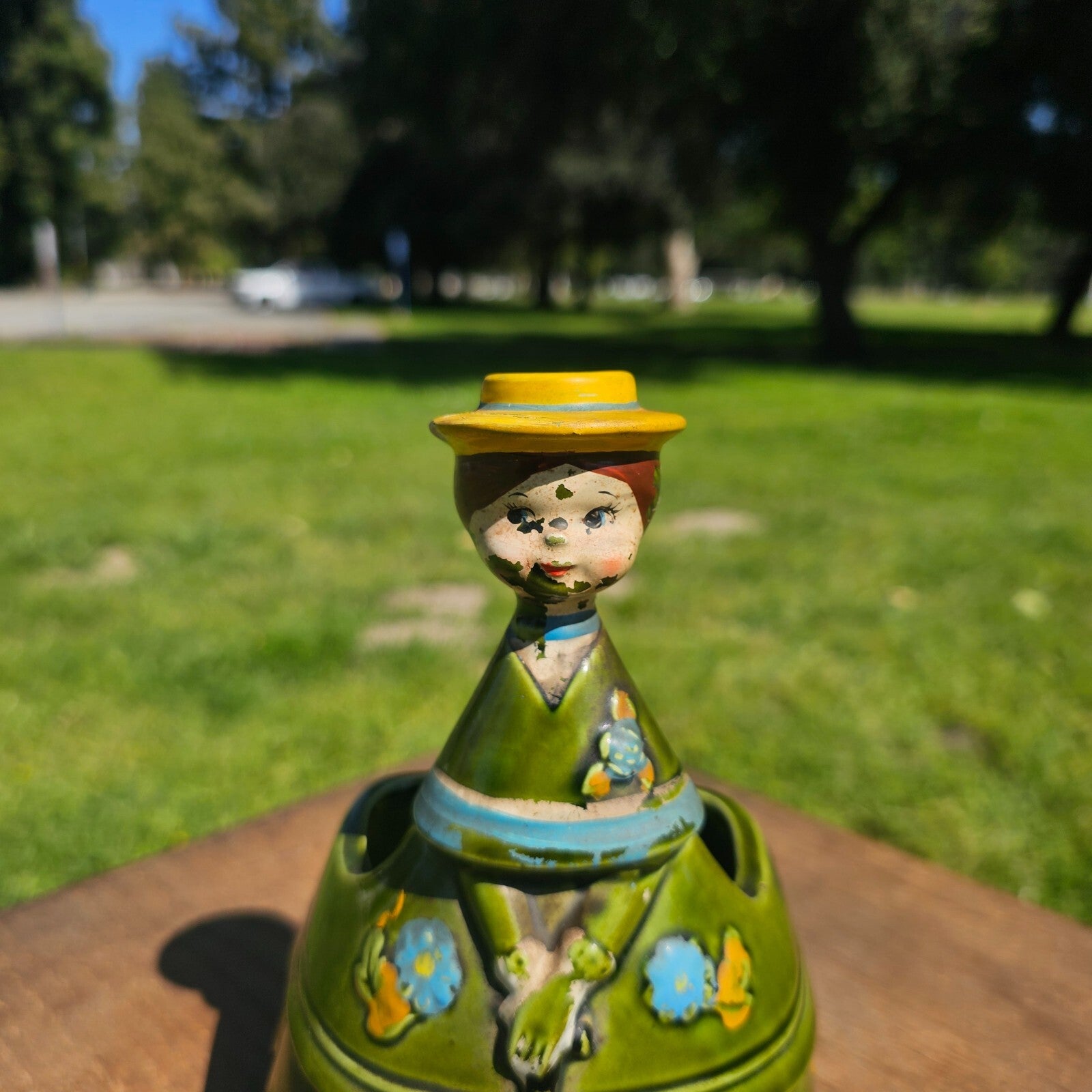 Vintage Ceramic Planter Women With Yellow Hat Holding Umbrella Lego Japan
