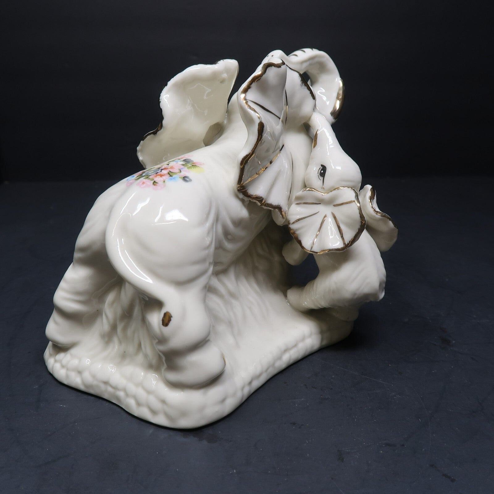 Elephant Mother & Baby White Porcelain Floral Figurine Gold Accents