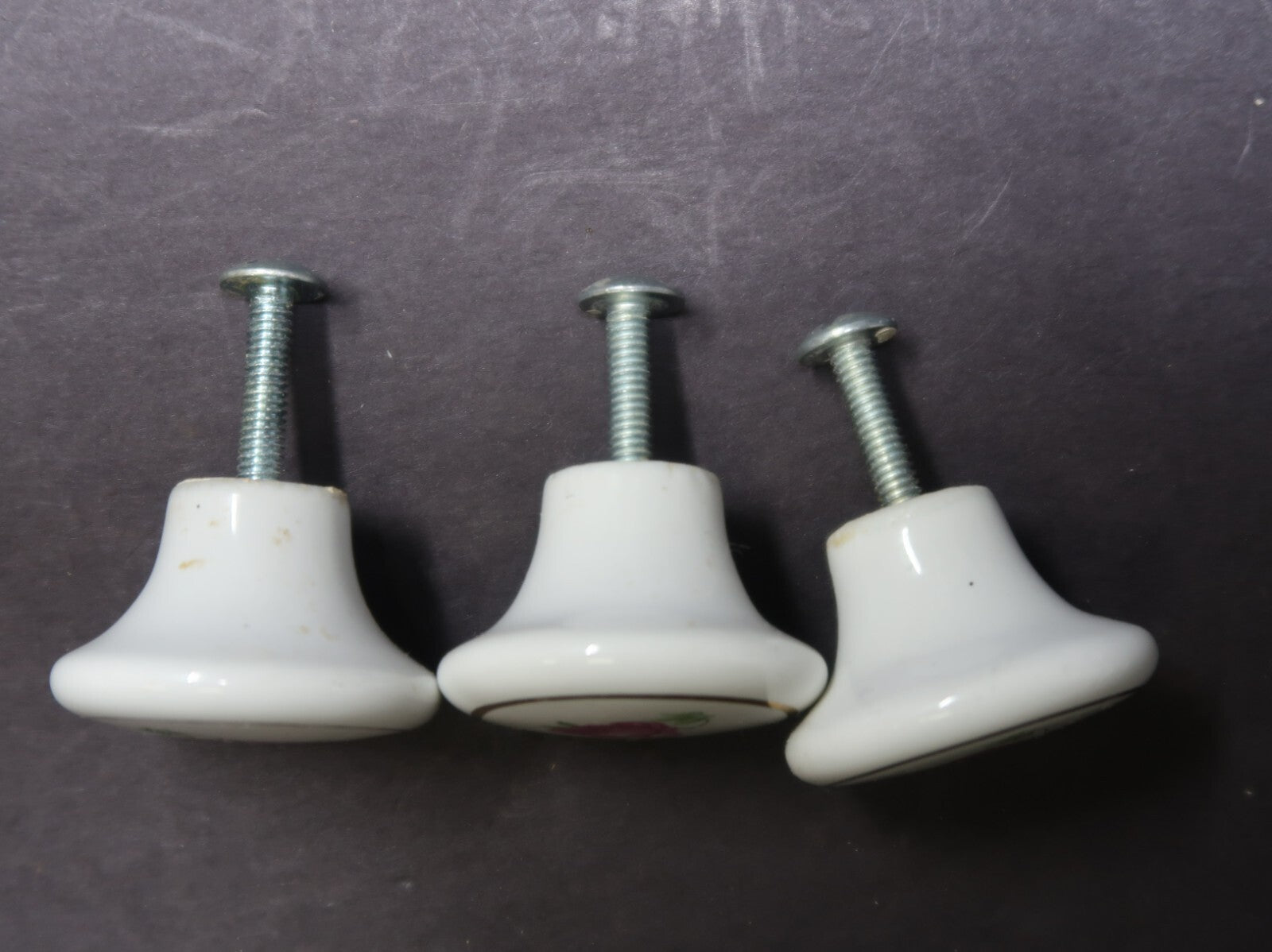 Set of 3 Vintage Round White Porcelain Cabinet Drawer Pulls Rose Japan Made (B)