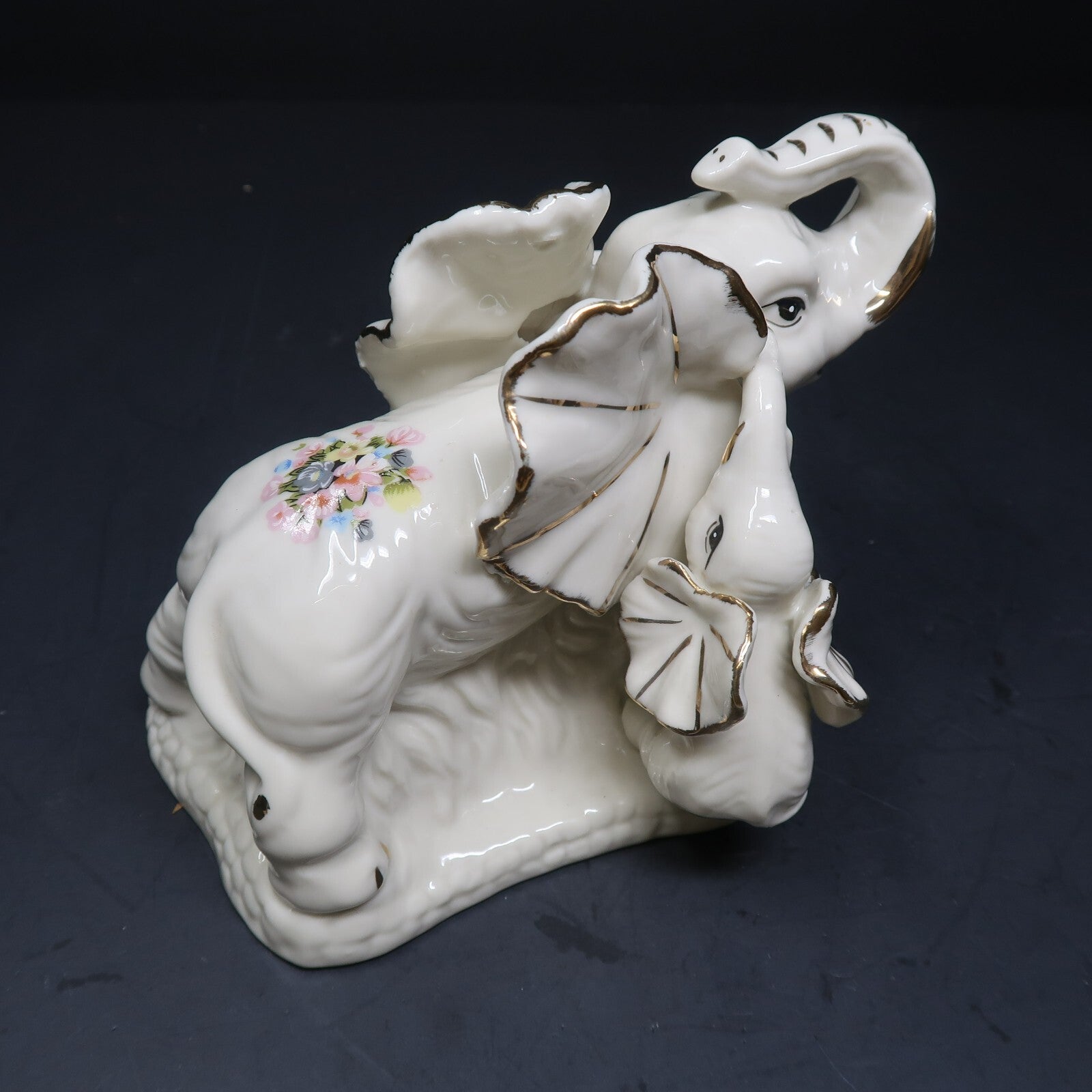 Elephant Mother & Baby White Porcelain Floral Figurine Gold Accents