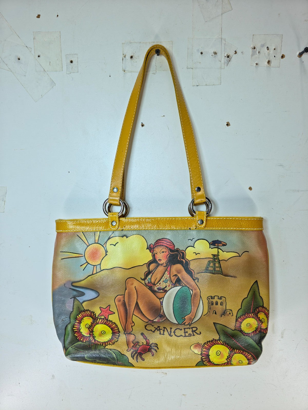 Isabella Fiore Cancer Zodiac Leather Tote Bag Hand Painted Pinup Girl