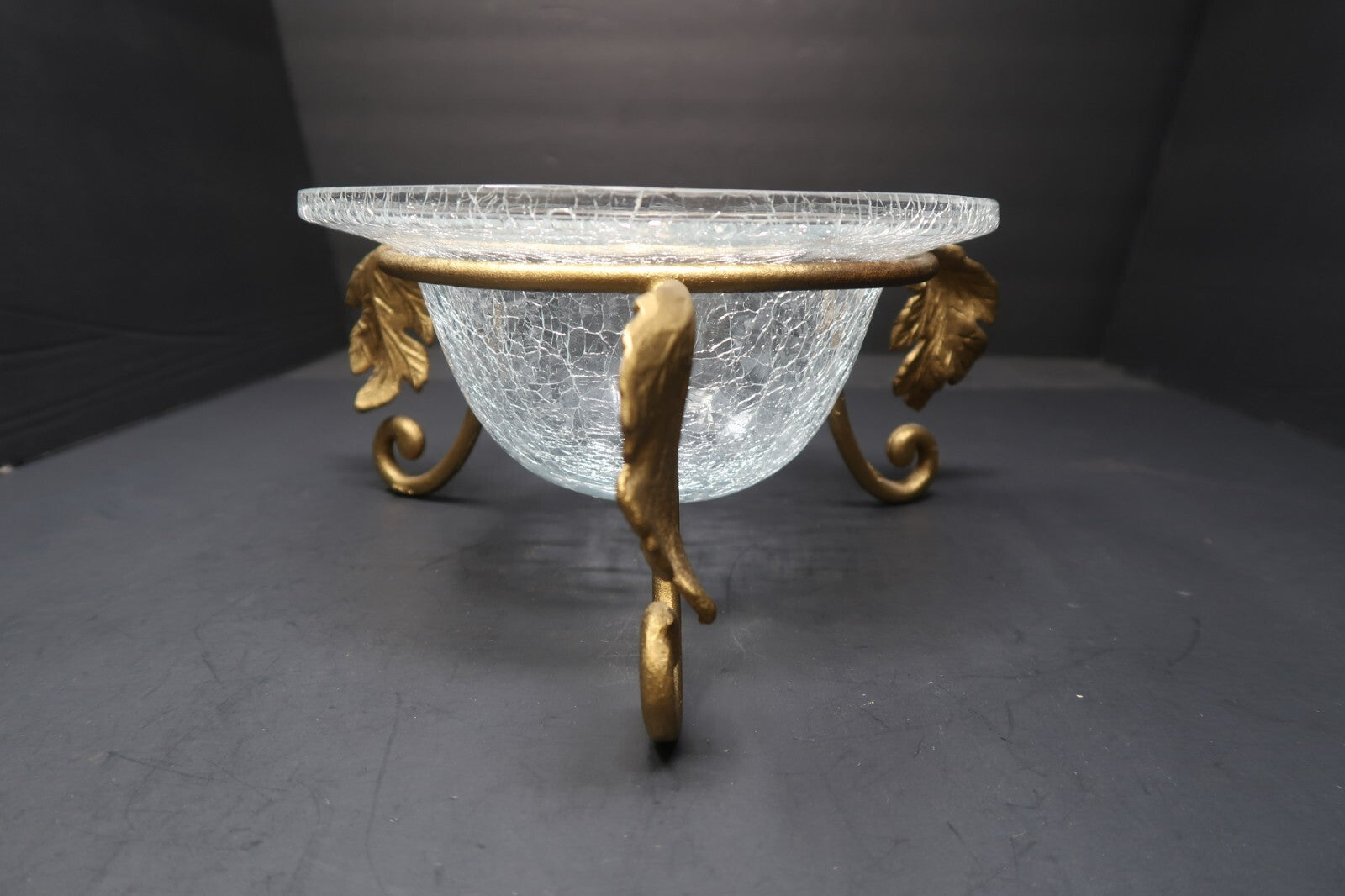 Crackle Glass Bowl on Metal Gold Autumn Leaf  Stand