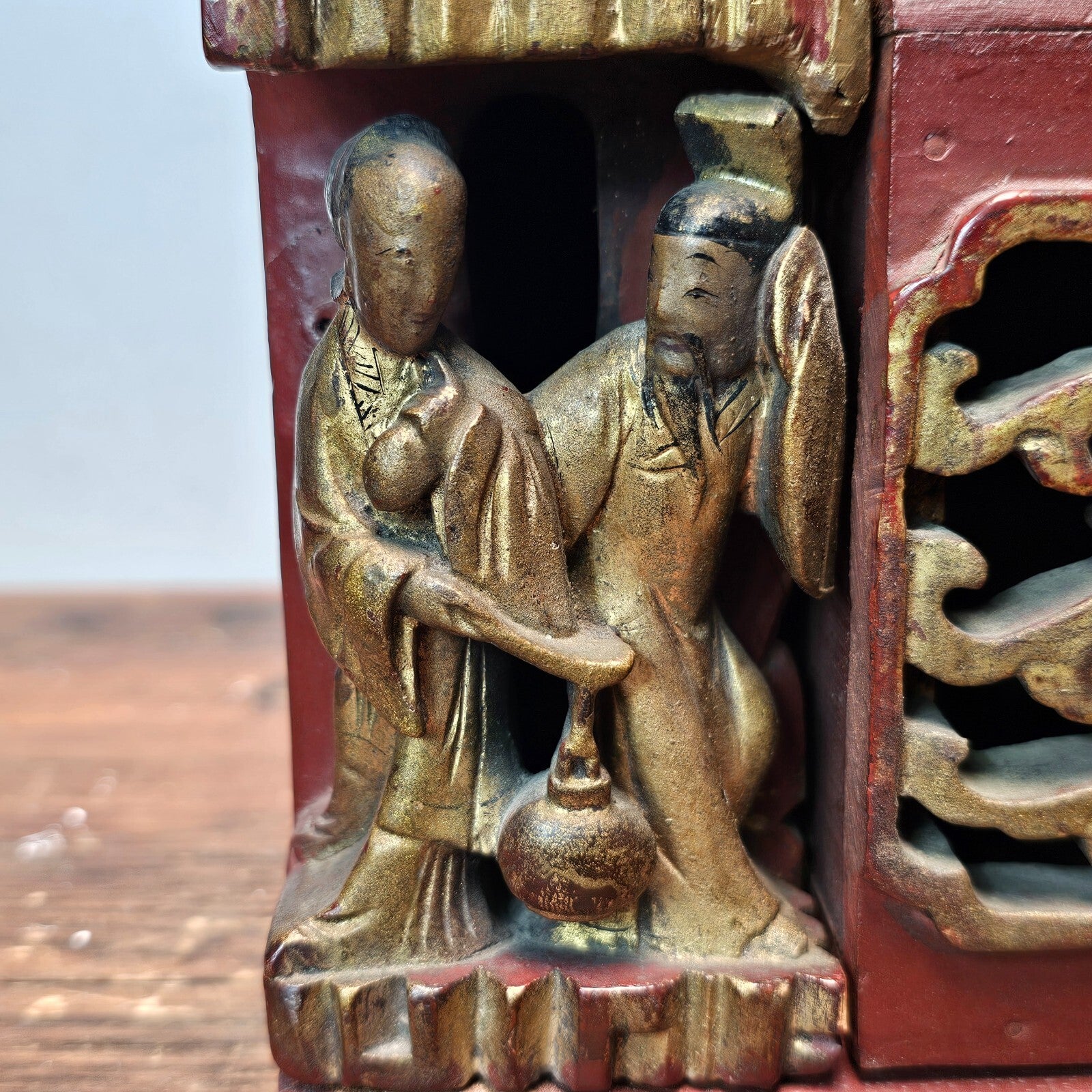 Antique Chinese Red & Gilt Carved Wood Chest Box