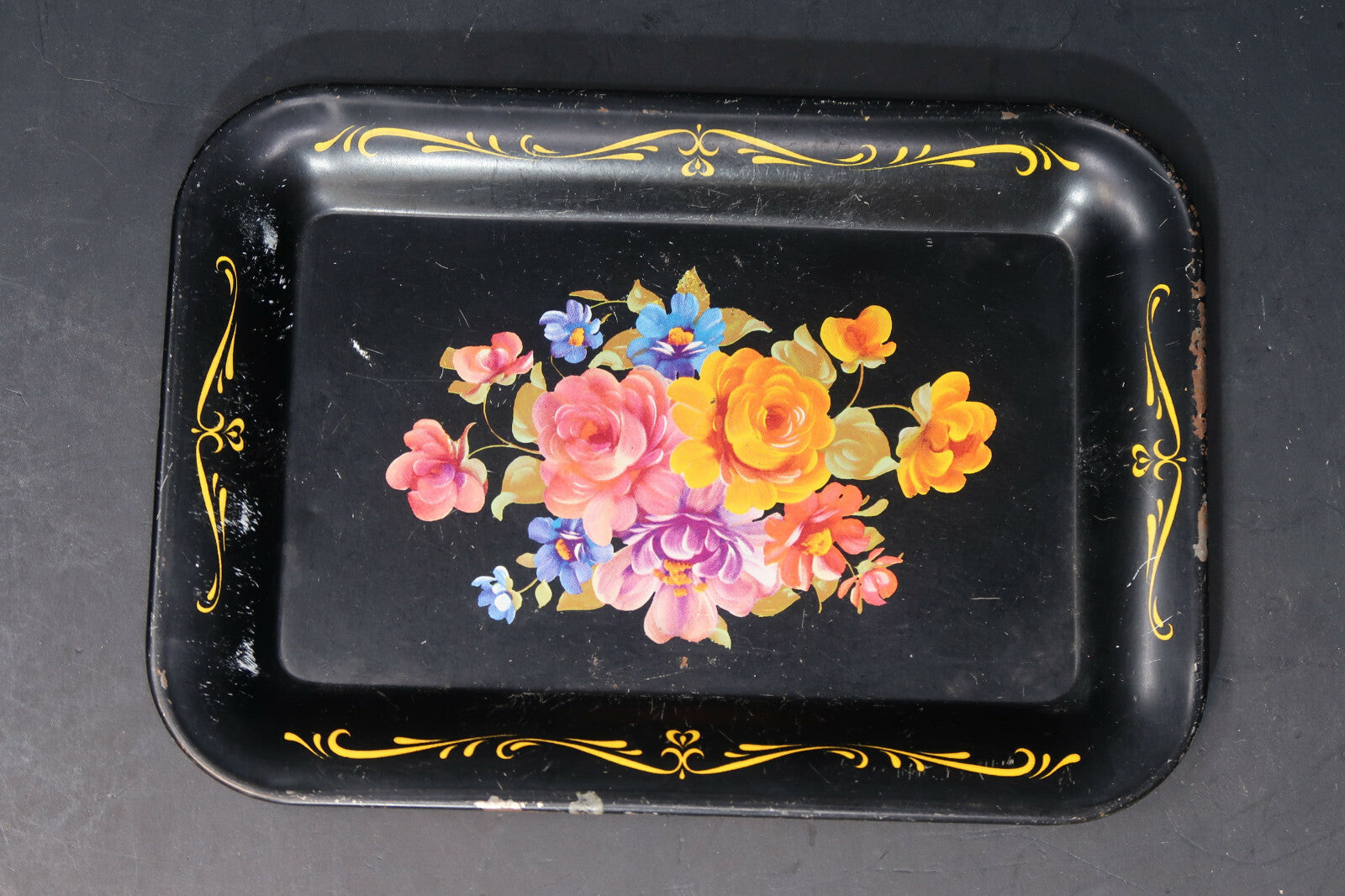 Vintage Small Metal Tray Trinket Tray Floral Print Black 6.5" x 4.5"