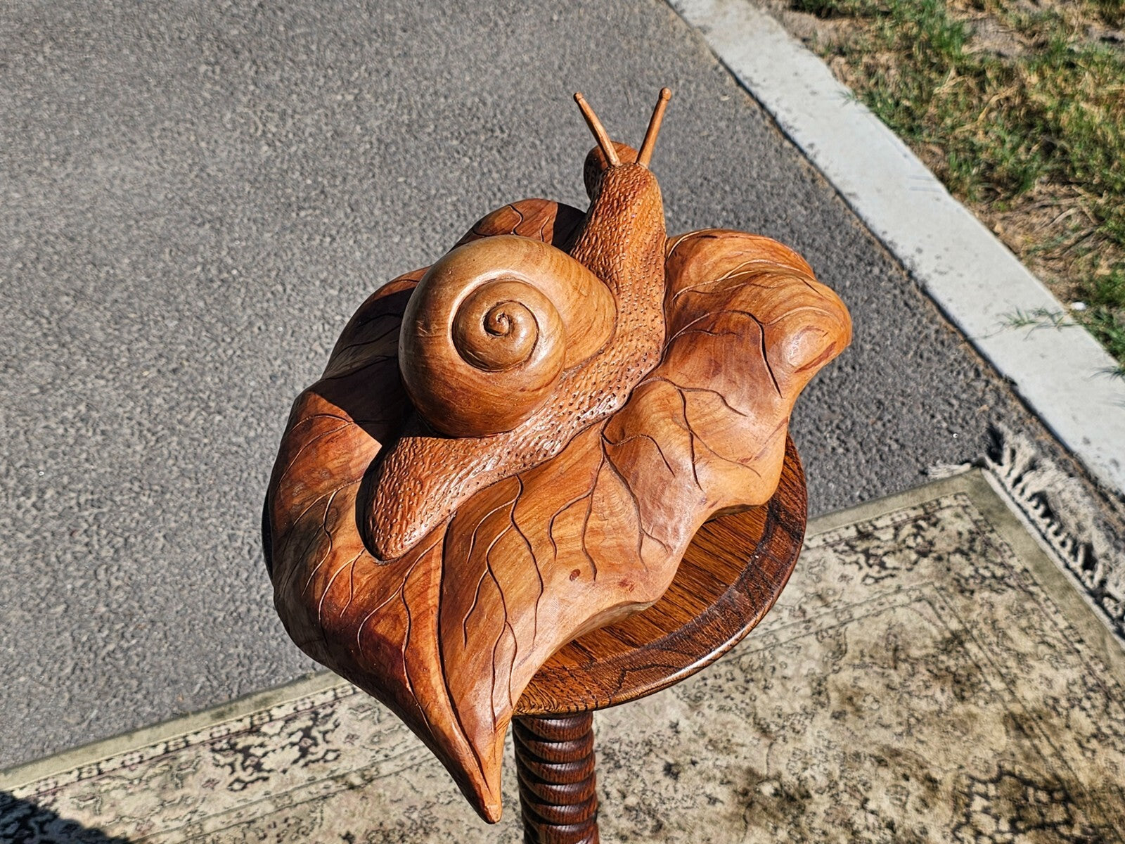 Handcrafted Wooden Snail on Leaf Sculpture Signed 19"L x 11"W x 5.5"H