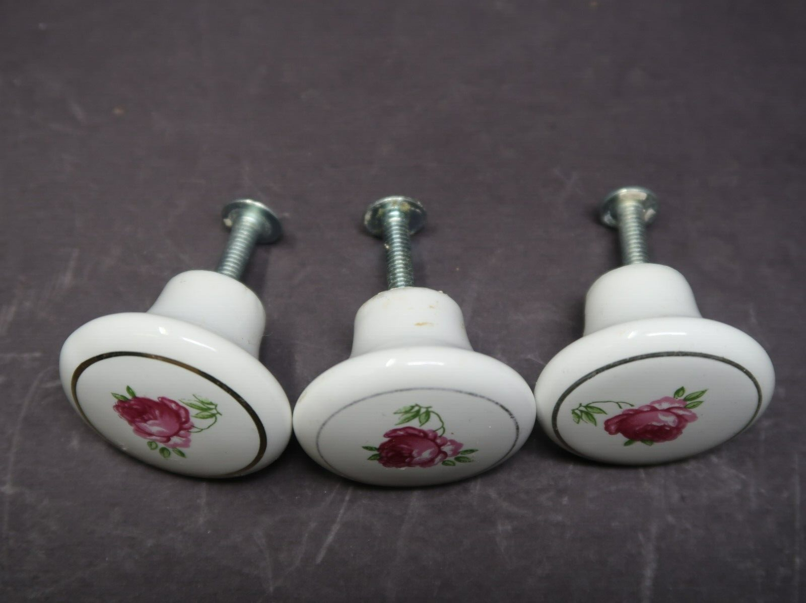 Set of 3 Vintage Round White Porcelain Cabinet Drawer Pulls Rose Japan Made (B)