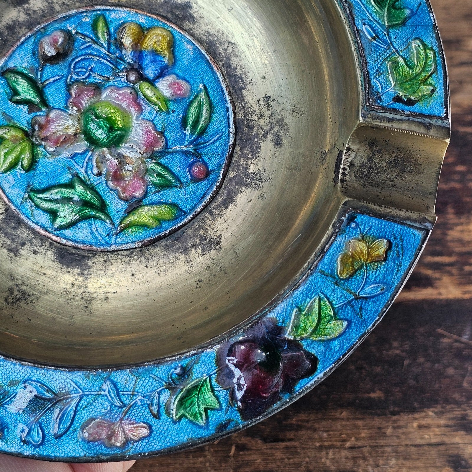 Vintage Chinese Cloisonné Enamel & Brass Ashtray | Ornate Floral Motif 5.25"