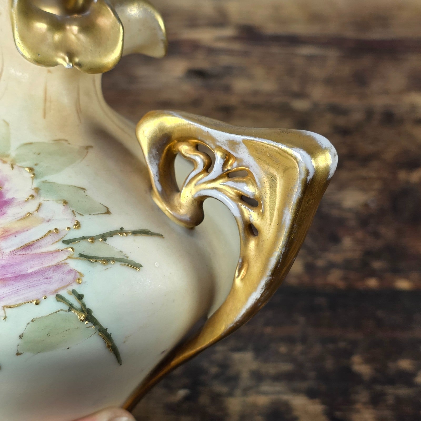 Antique RStK Bohemia Amphora Style Vase Hand Painted Roses Gold Austria c.1900