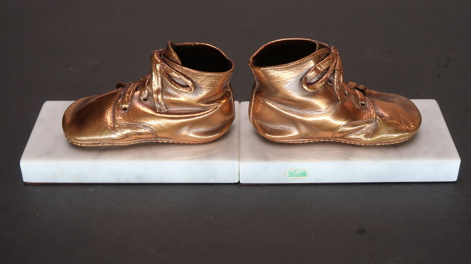 Pair Bronzed Baby Shoes on Marble Base 6" x 3" x H 3.5" Made In Italy Vintage