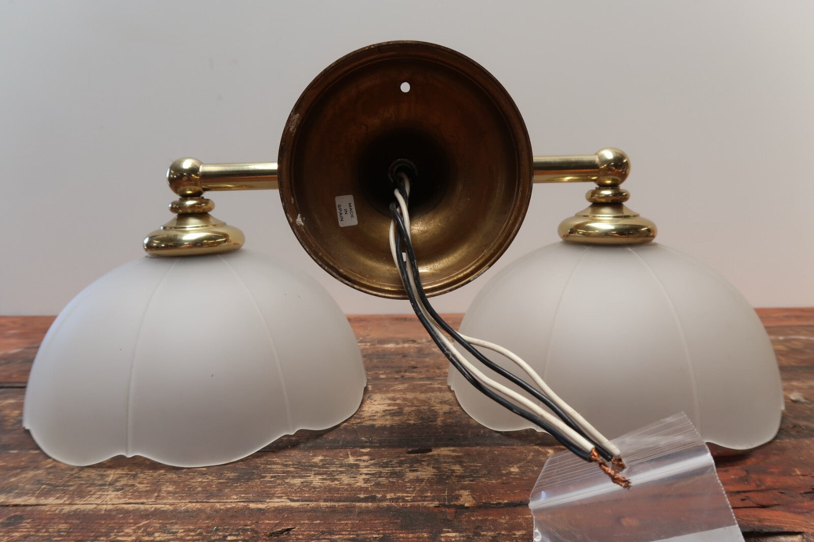 2 Light Brass Light Fixture With Frosted White Glass Lamp Shades Made In Spain