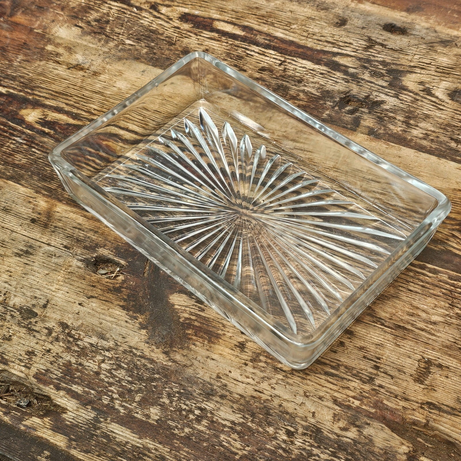 Vintage Rectangular Cut Glass Starburst Bottom Dish Trinket