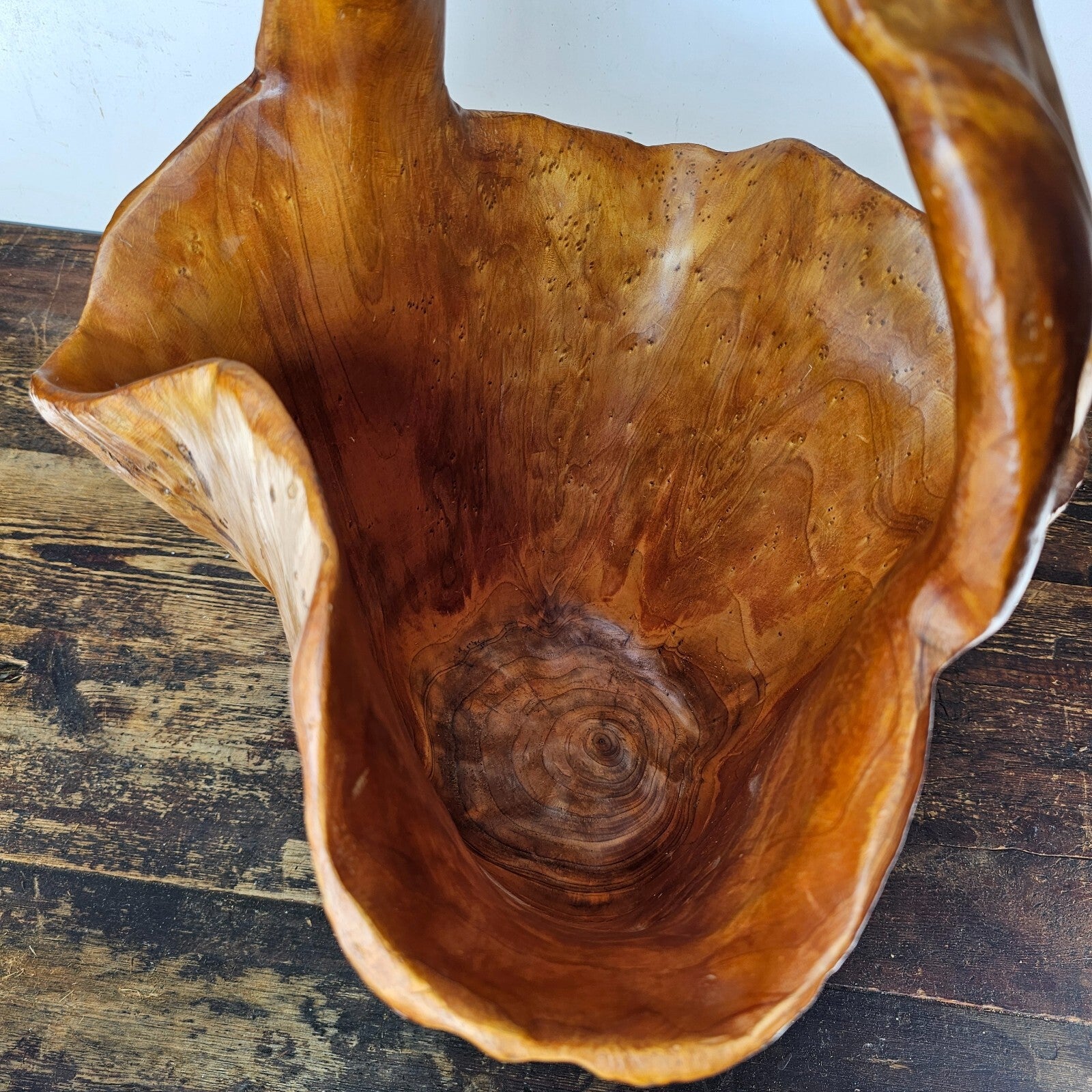 Large Wood Burl Root Hand Carved Bowl Basket with Handle 13.5" x 13.5" x 19.5"H