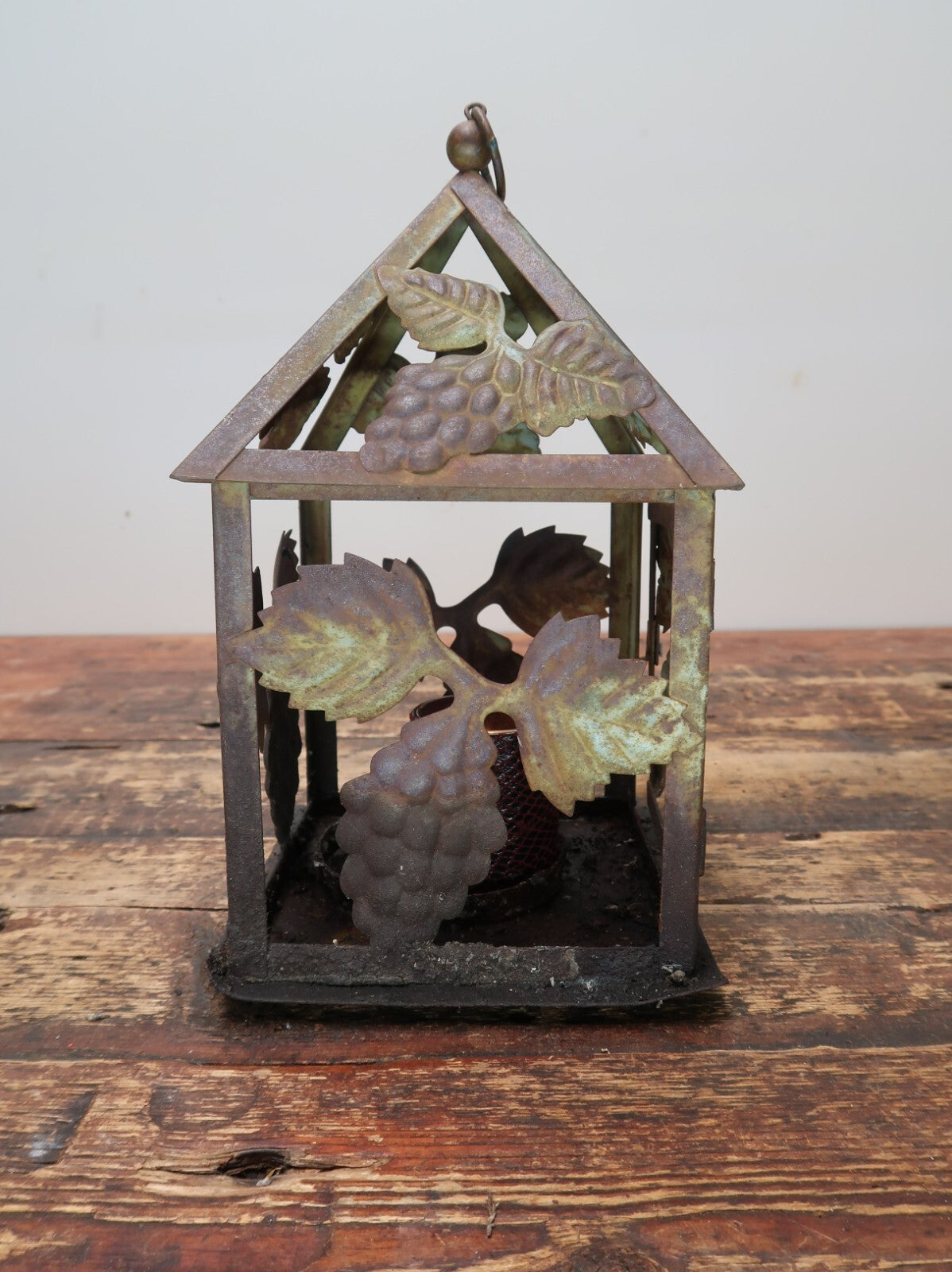 Metal Grape Motif Candle Lantern Weathered Rustic Lantern Patina 6" x 6" x H 10"