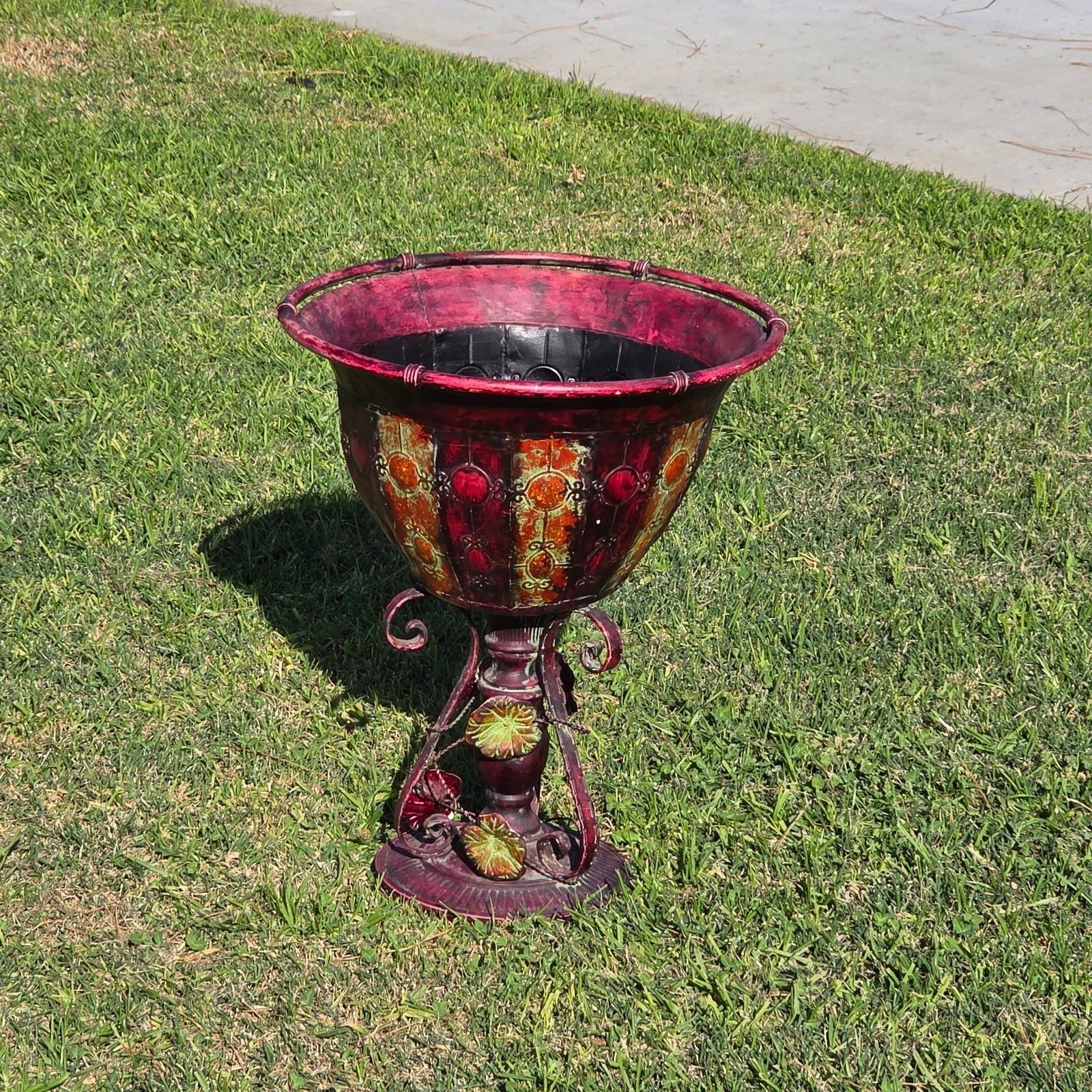 Ornate Metal Pedestal Planter Large 17.5"Dia Urn Stand w/ Red & Gold Patina