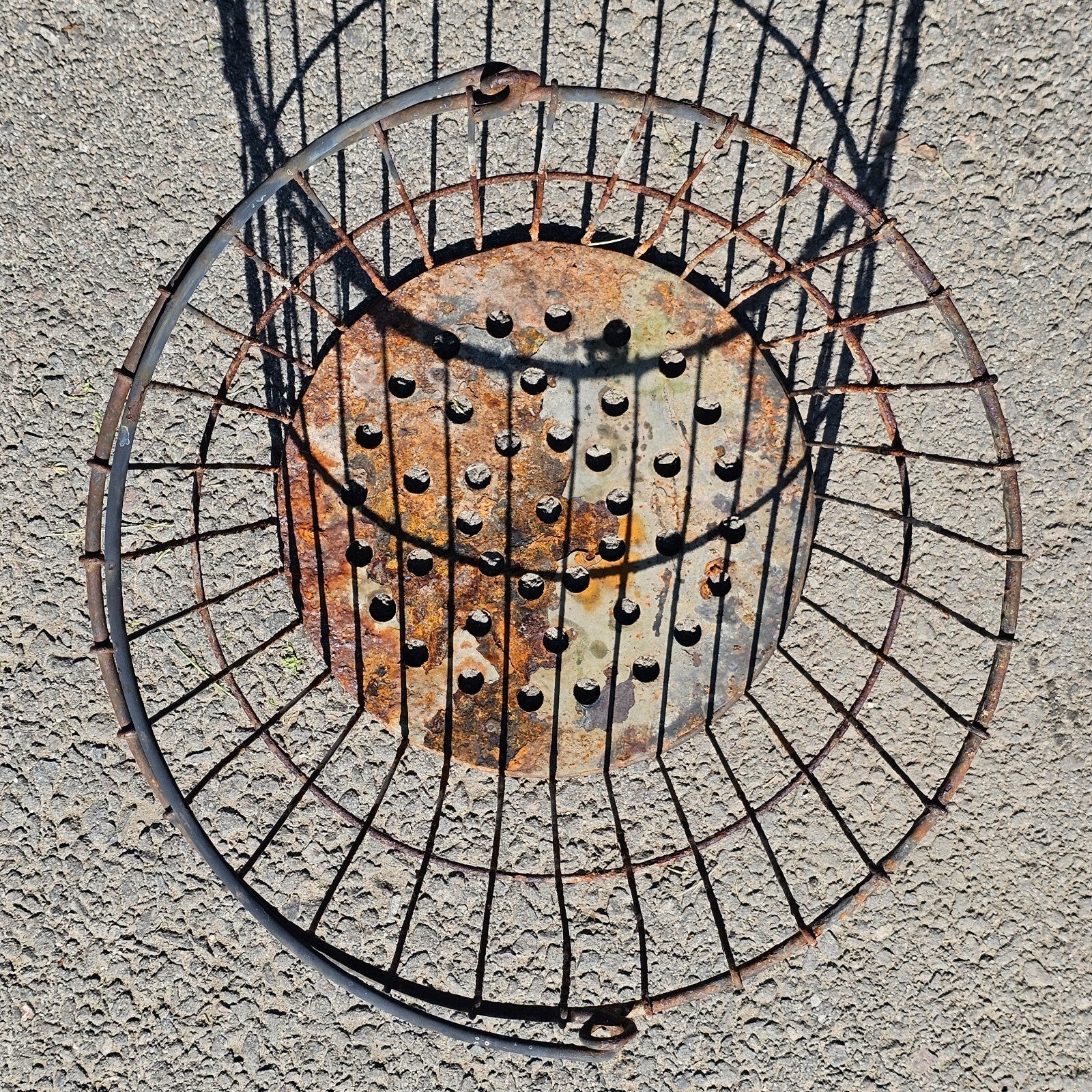 Vintage Rusty Wire Gathering Basket with Perforated Metal Base 15"Diam x 12"H